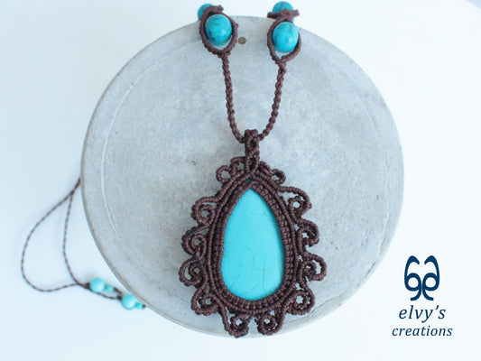 Brown Handmade Macrame Necklace with Turquoise Gemstones