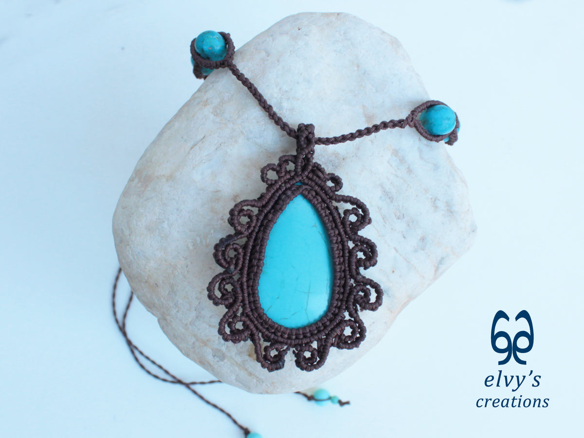 Brown Handmade Macrame Necklace with Turquoise Gemstones