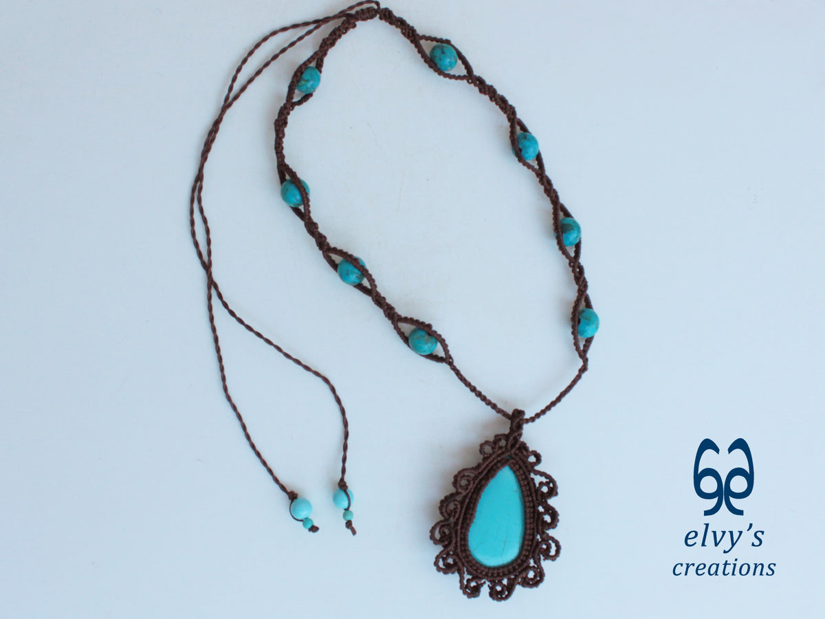 Brown Handmade Macrame Necklace with Turquoise Gemstones