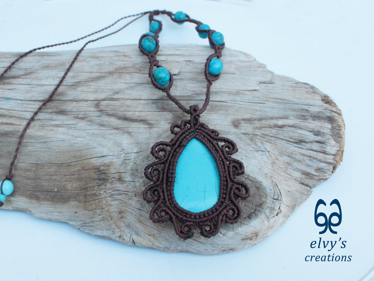 Brown Handmade Macrame Necklace with Turquoise Gemstones
