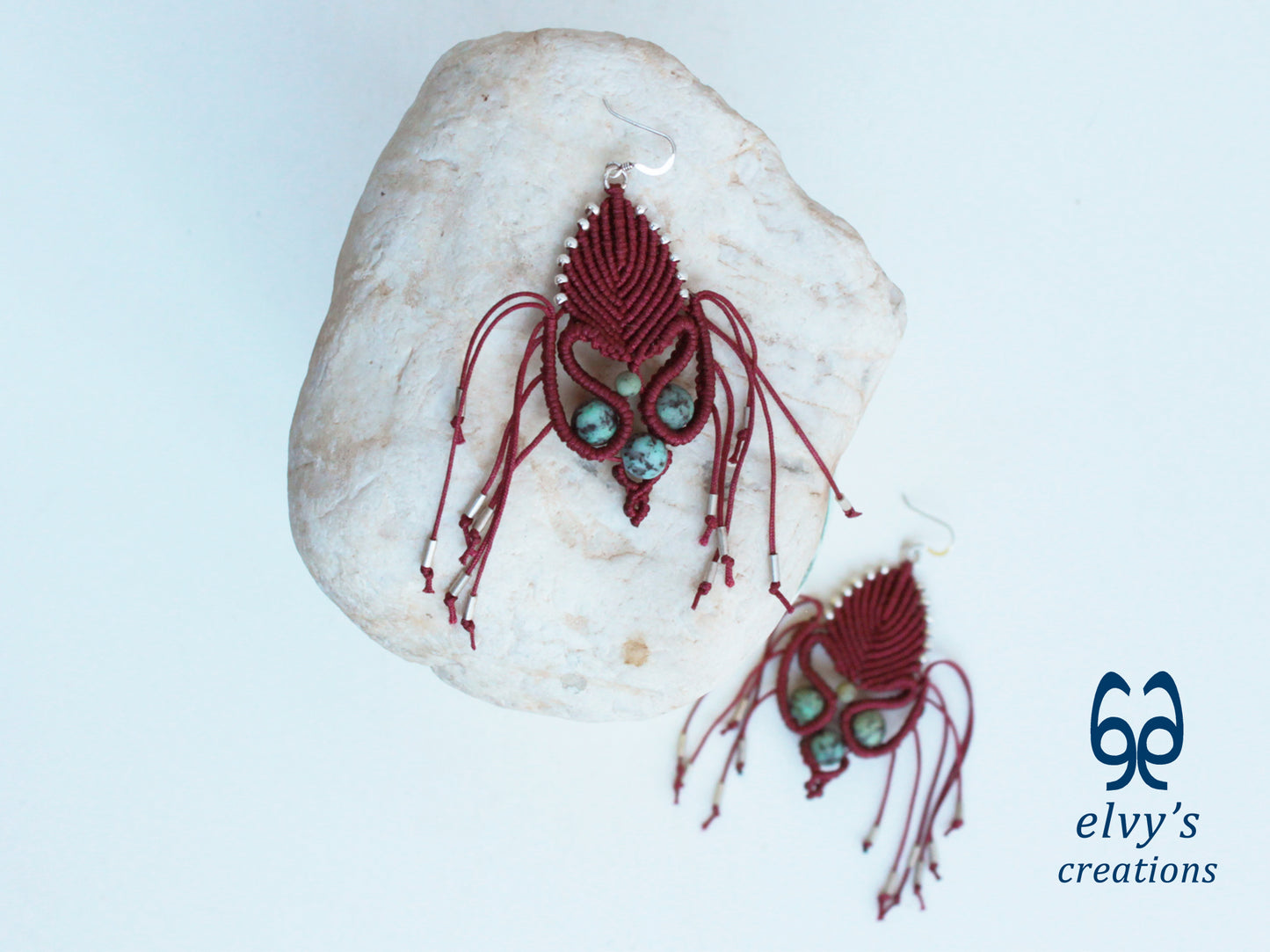 Dark Red Macrame Earrings with Turquoise Gemstones Gold Silver Earrings