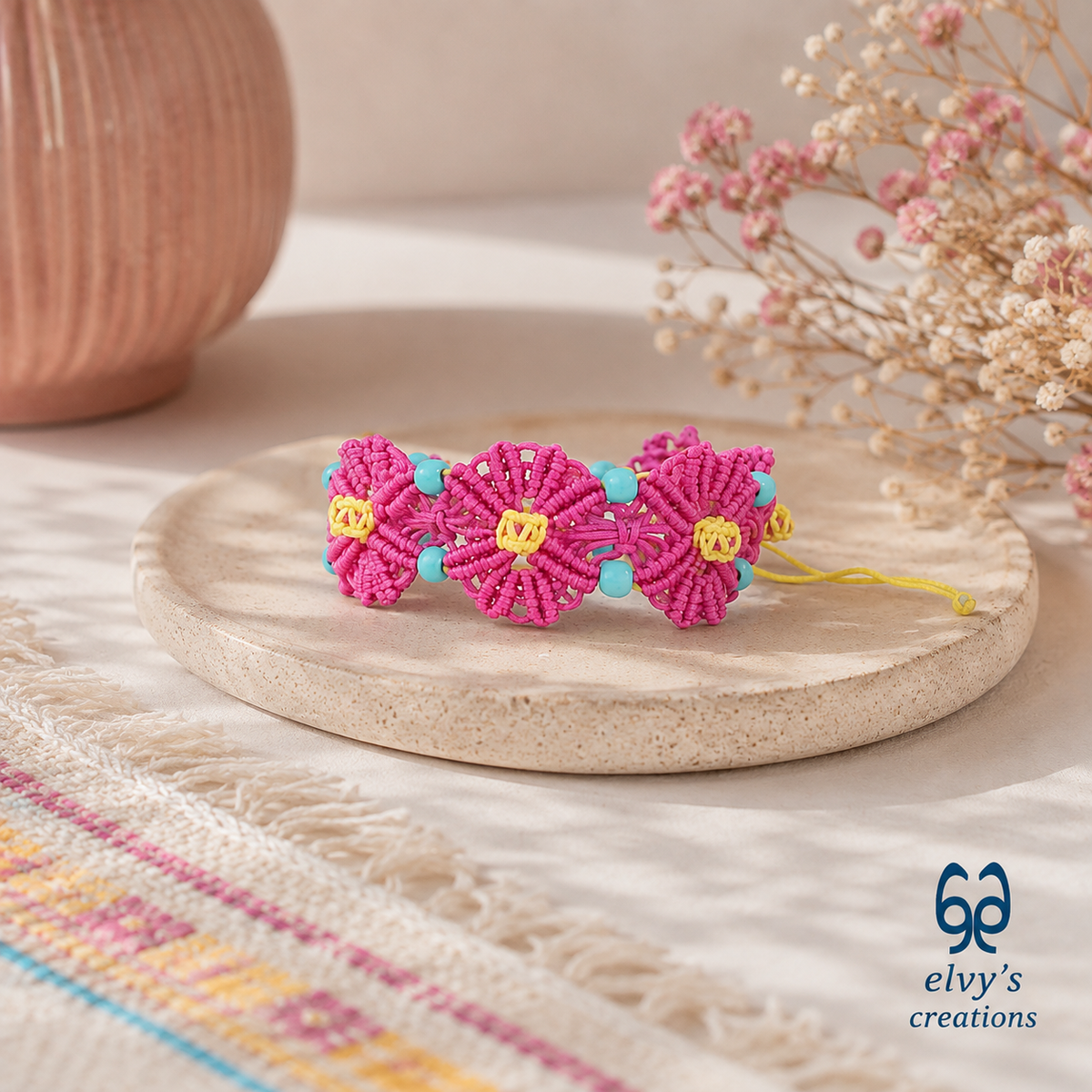 Handmade Pink Macrame Bracelet with Turquoise Gemstones