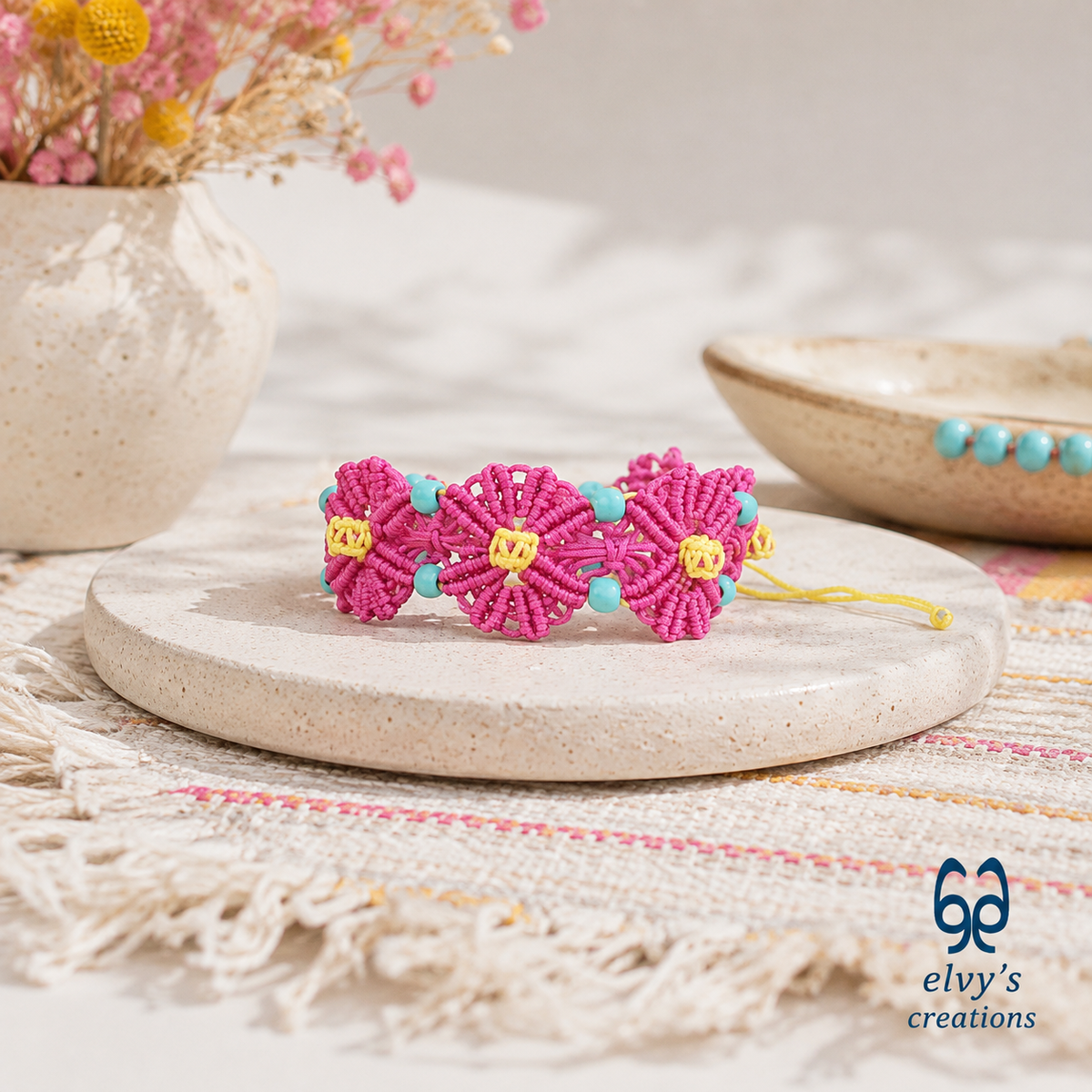 Handmade Pink Macrame Bracelet with Turquoise Gemstones