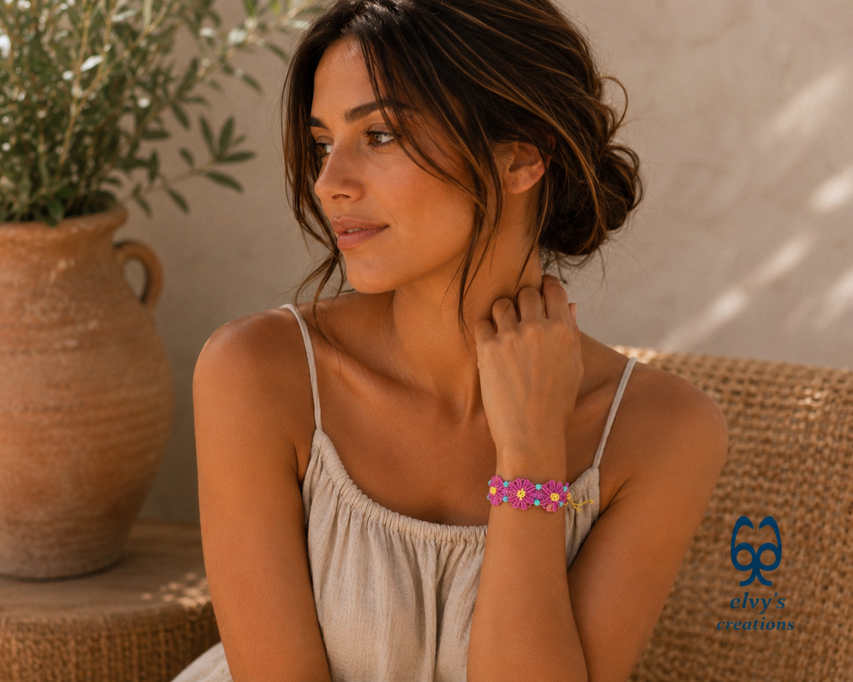 Handmade Pink Macrame Bracelet with Turquoise Gemstones