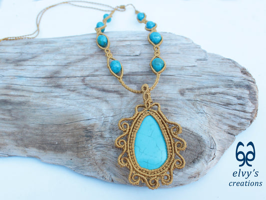 Handmade Gold Macrame Necklace with Turquoise Gemstones