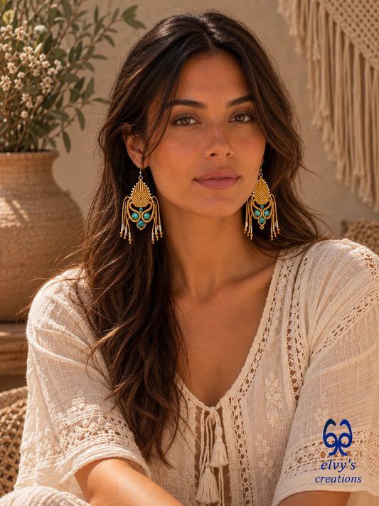 Golden Macrame Earrings with Turquoise Gemstones Gold Silver Earrings