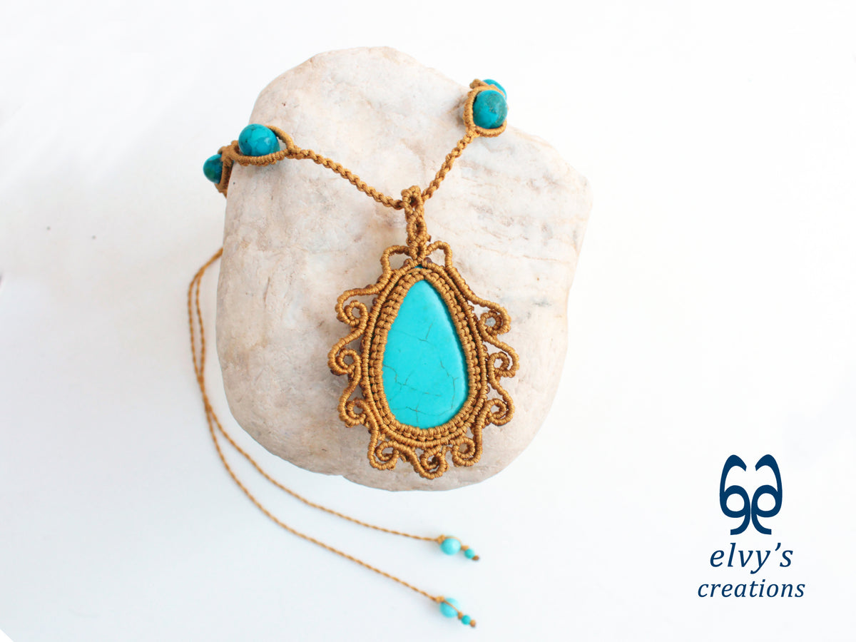 Handmade Gold Macrame Necklace with Turquoise Gemstones