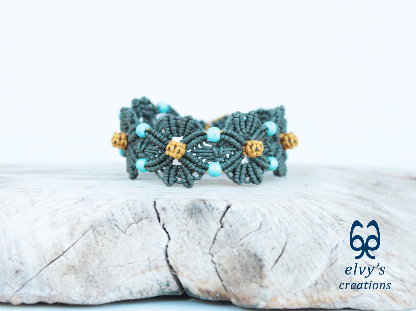 Handmade Green and Gold Macrame Bracelet with Turquoise Gemstones