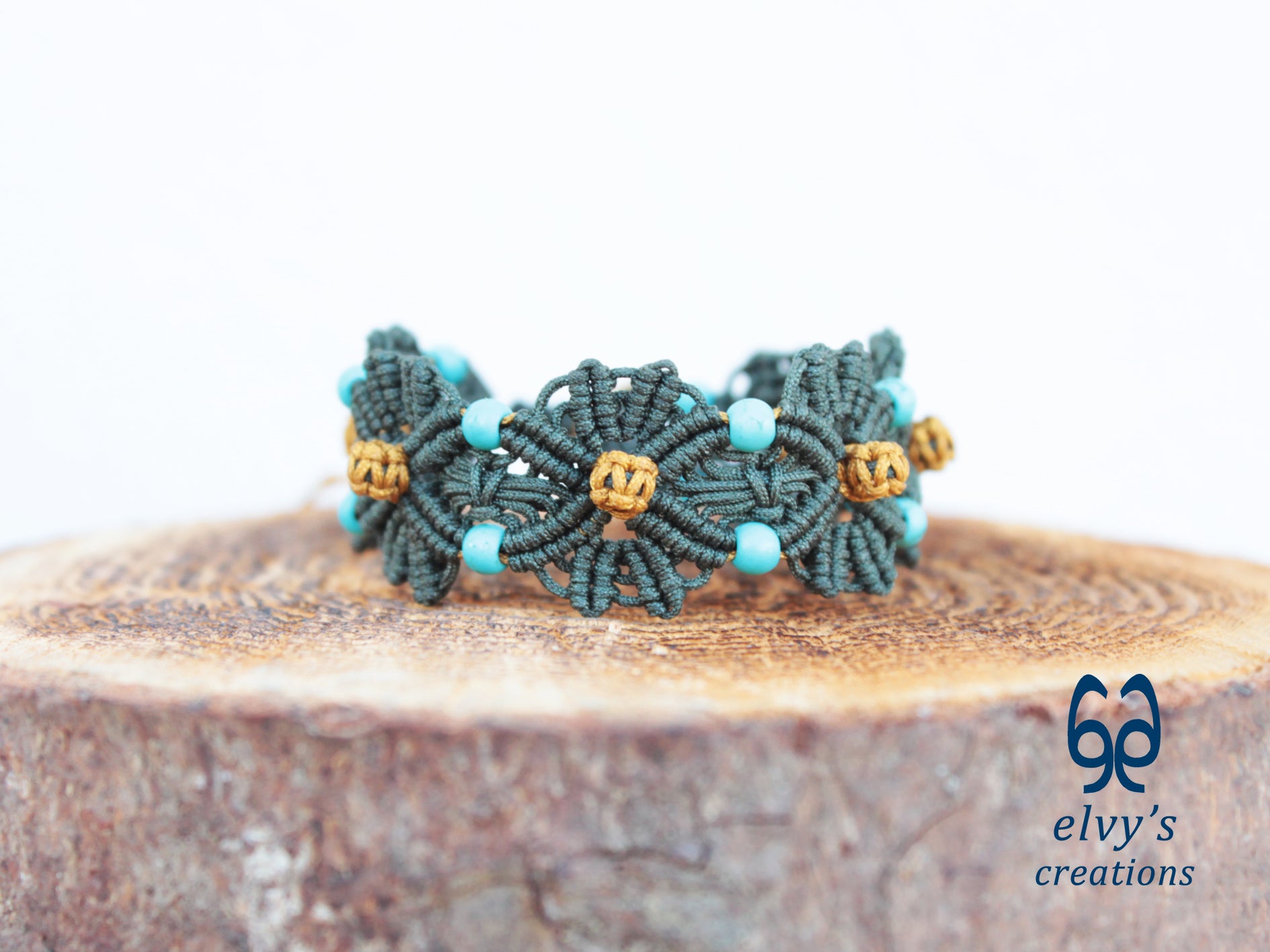 Handmade Green and Gold Macrame Bracelet with Turquoise Gemstones