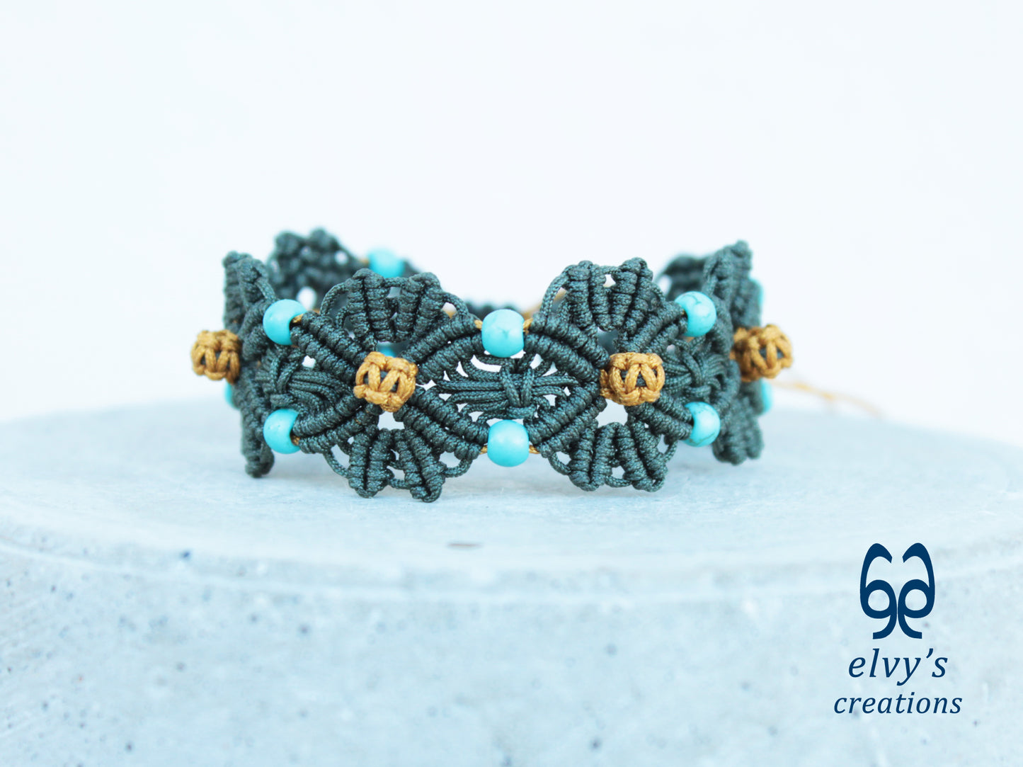 Handmade Green and Gold Macrame Bracelet with Turquoise Gemstones