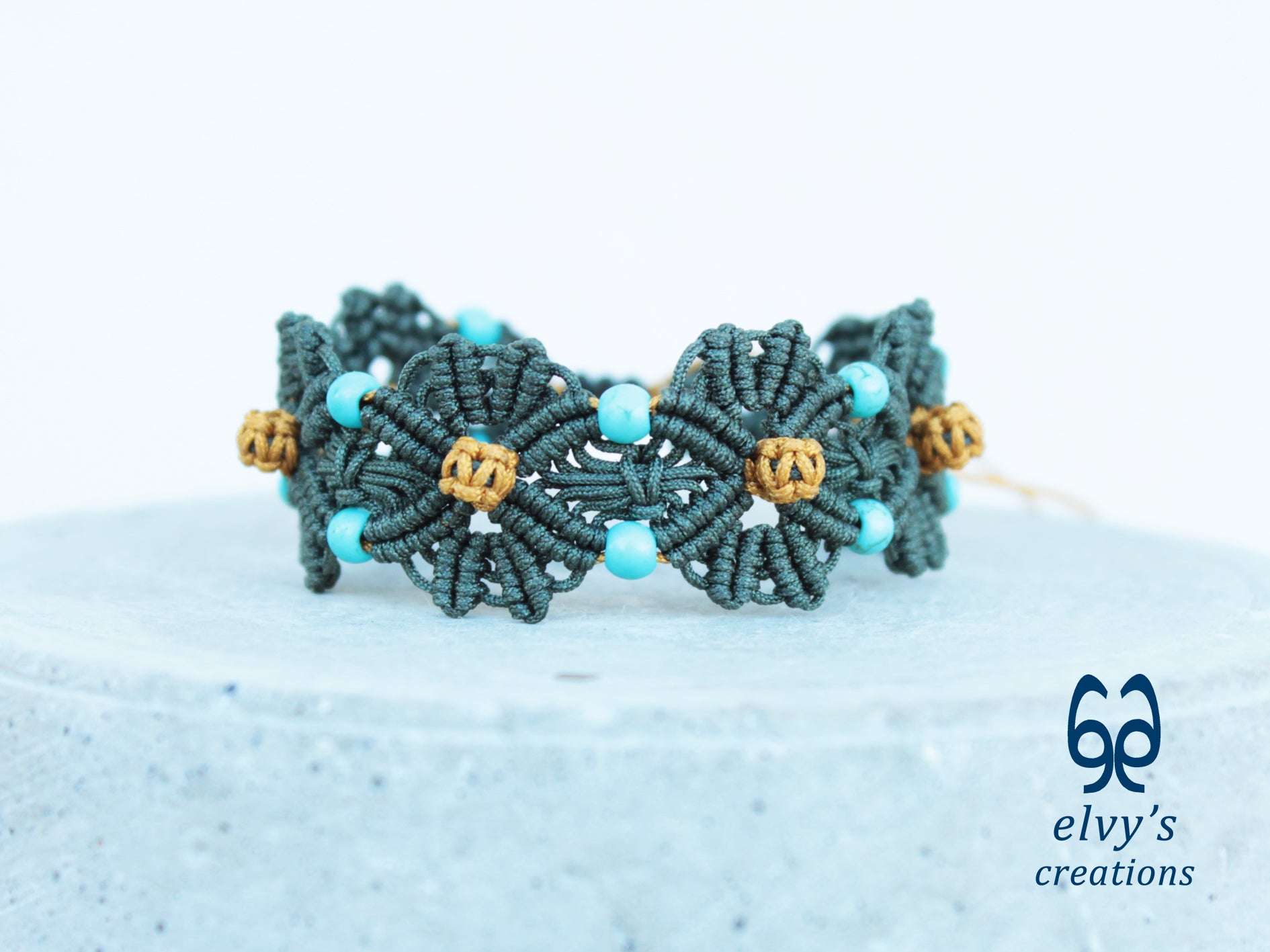 Handmade Green and Gold Macrame Bracelet with Turquoise Gemstones