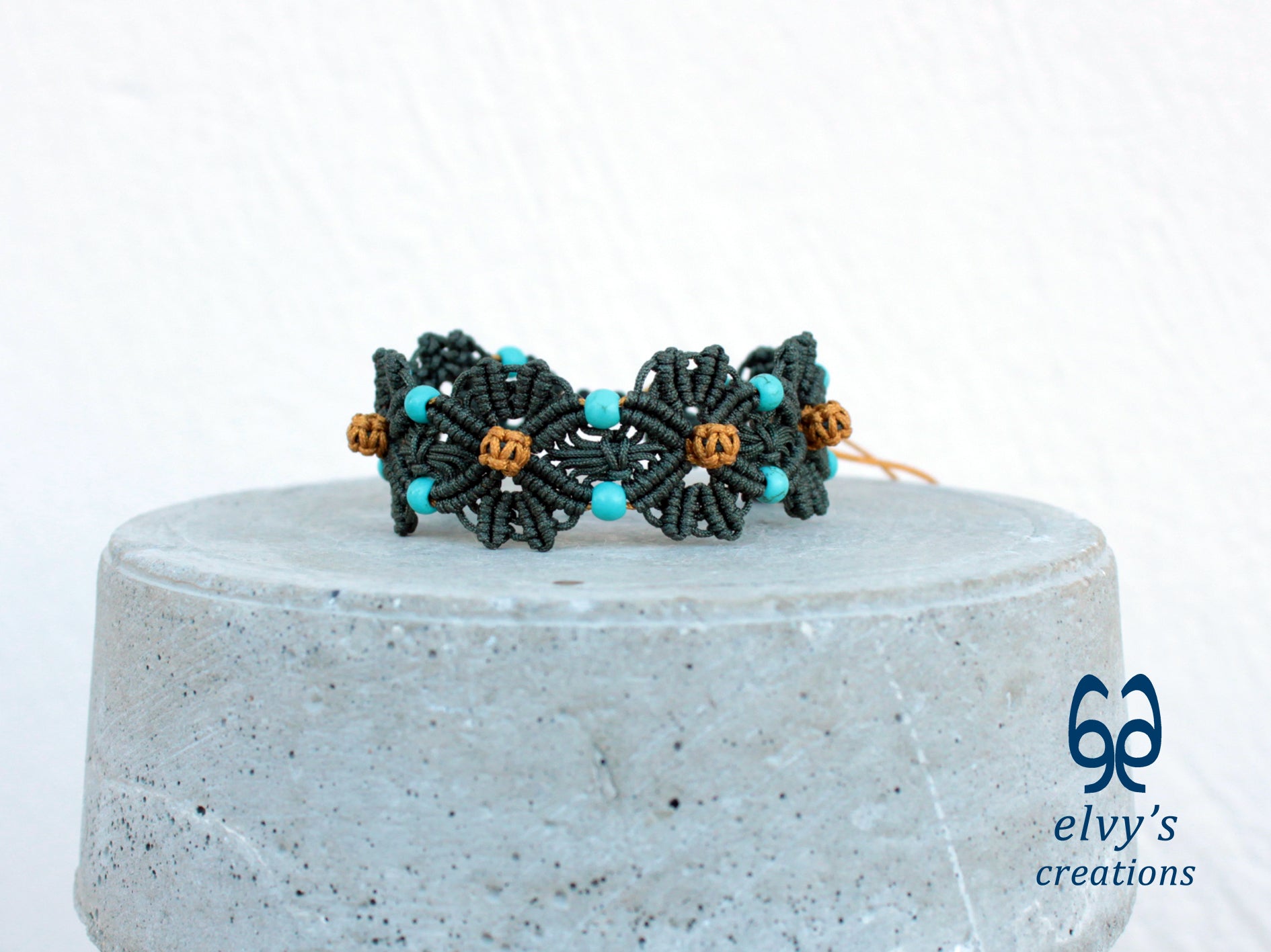 Handmade Green and Gold Macrame Bracelet with Turquoise Gemstones