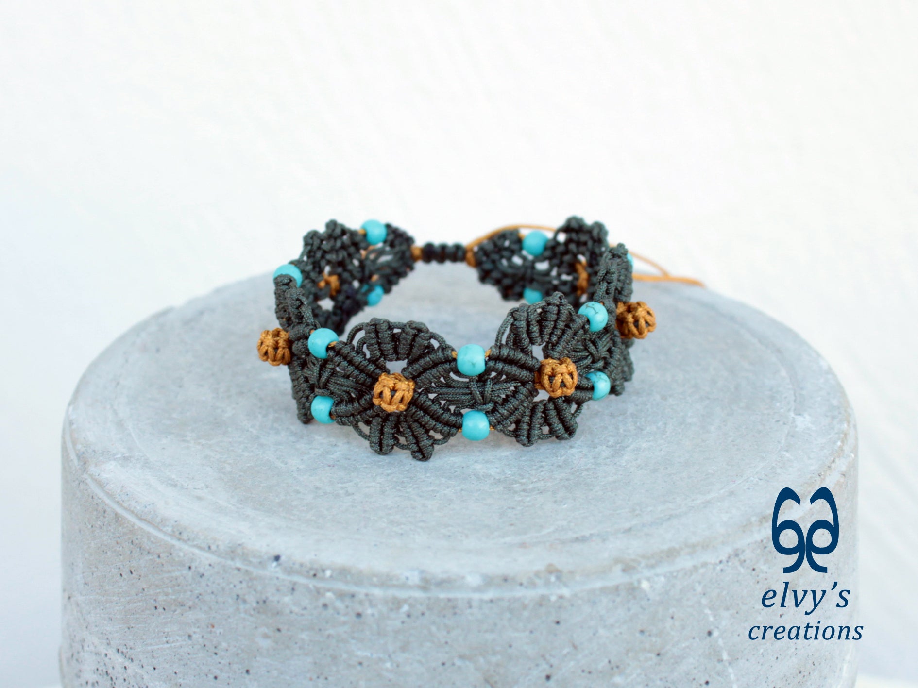 Handmade Green and Gold Macrame Bracelet with Turquoise Gemstones