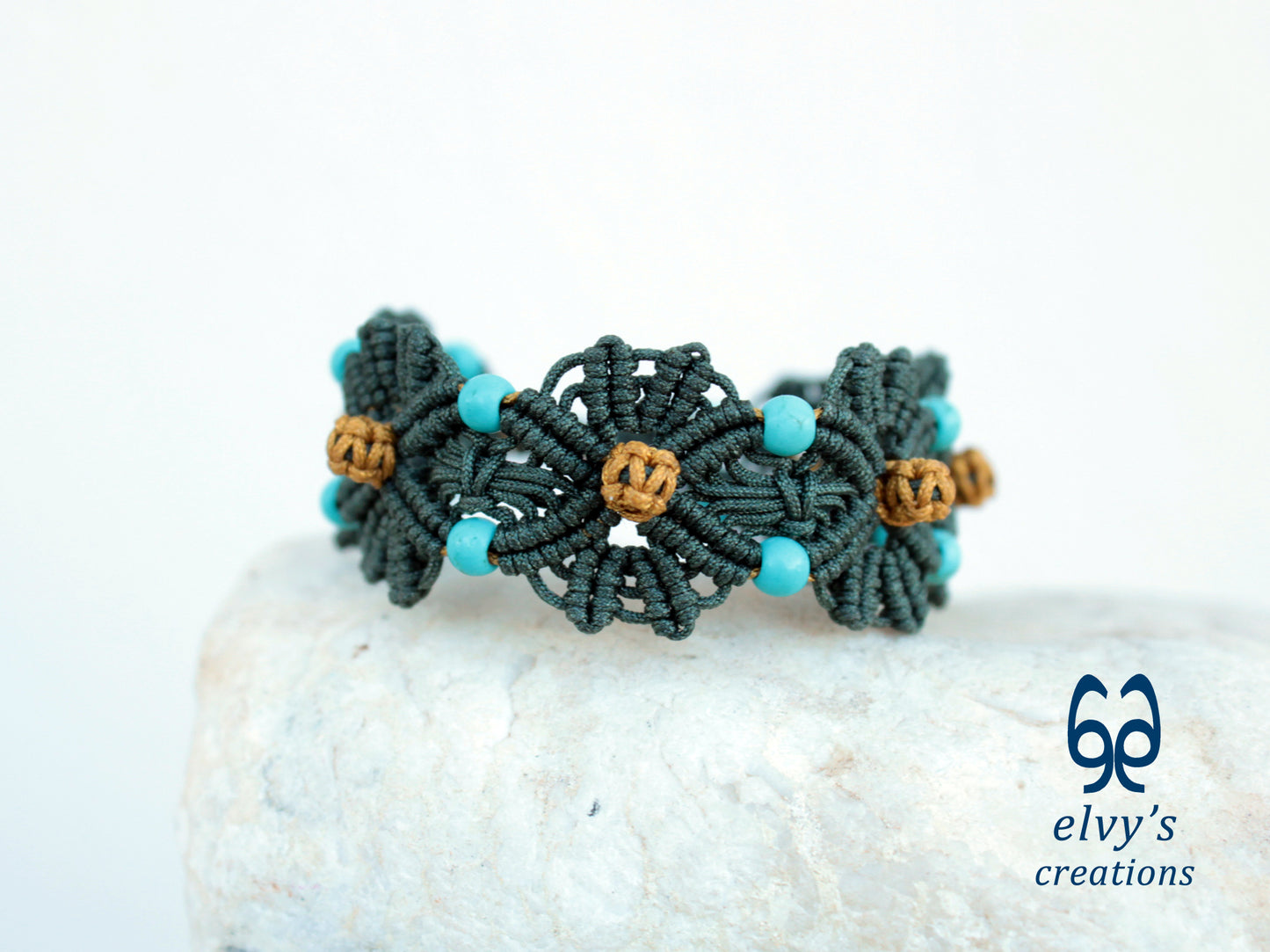 Handmade Green and Gold Macrame Bracelet with Turquoise Gemstones