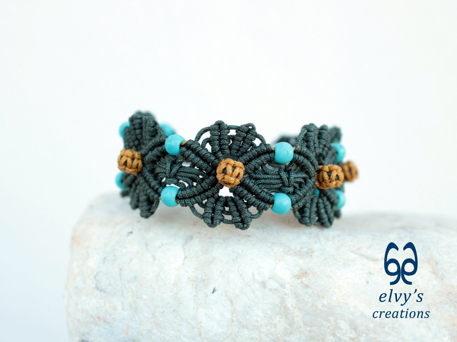 Handmade Green and Gold Macrame Bracelet with Turquoise Gemstones