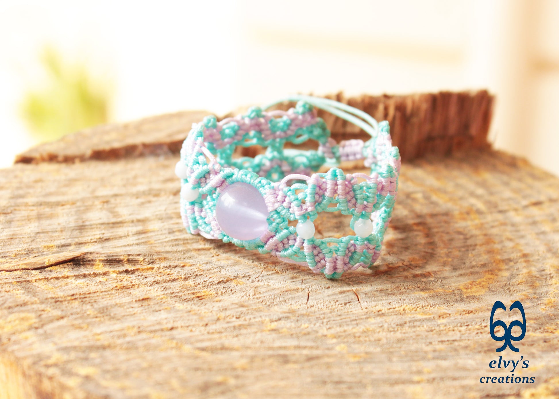 Handmade Macrame Blue Bracelet with Violet Purple Chalcedony Adjustable Cuff