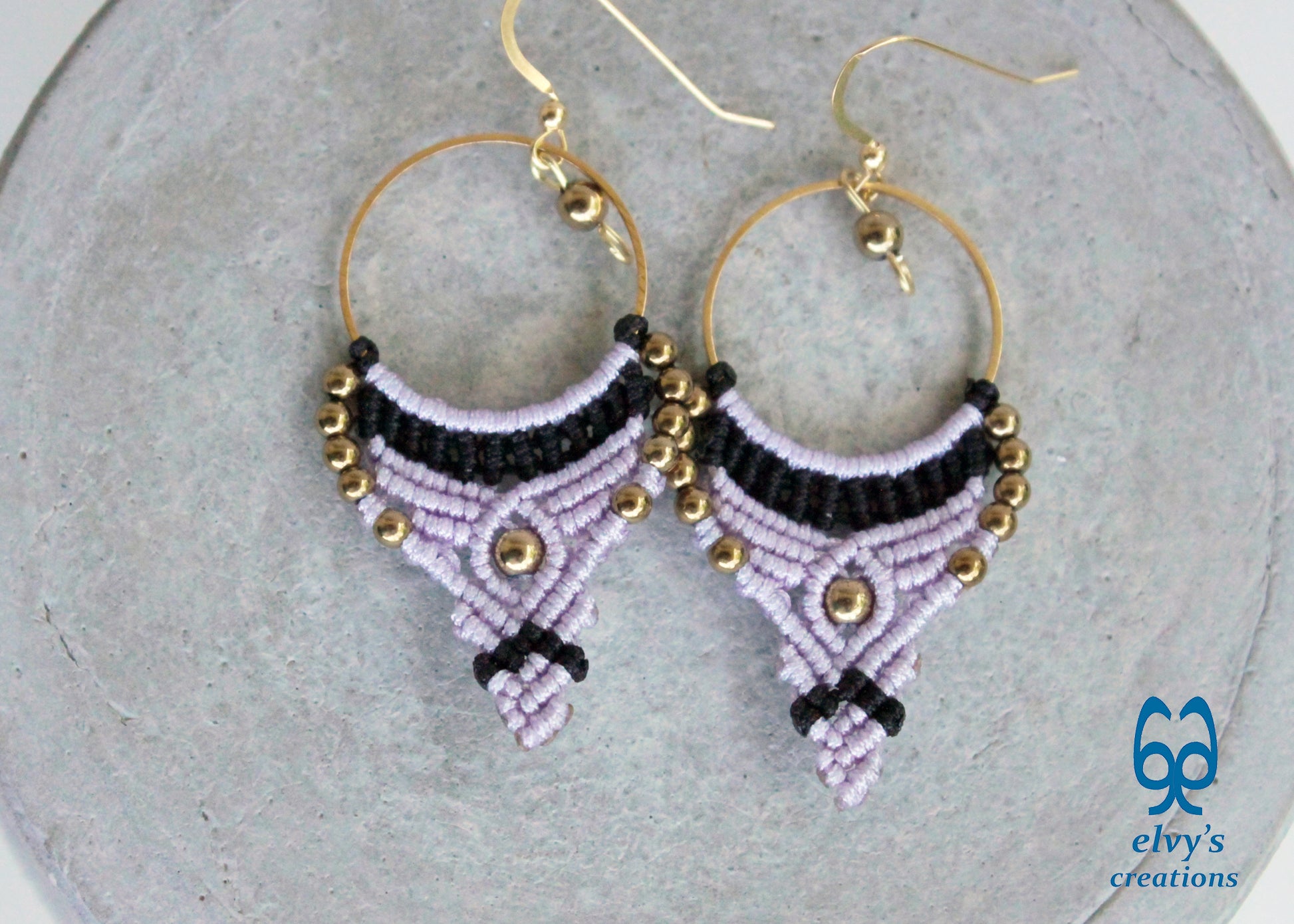 Purple and Black Macrame Earrings Gold Hematite Gemstones Hoop Earrings