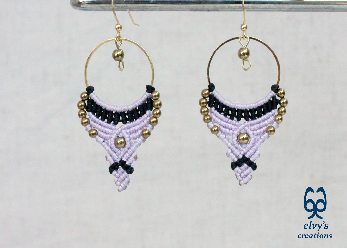 Purple and Black Macrame Earrings Gold Hematite Gemstones Hoop Earrings