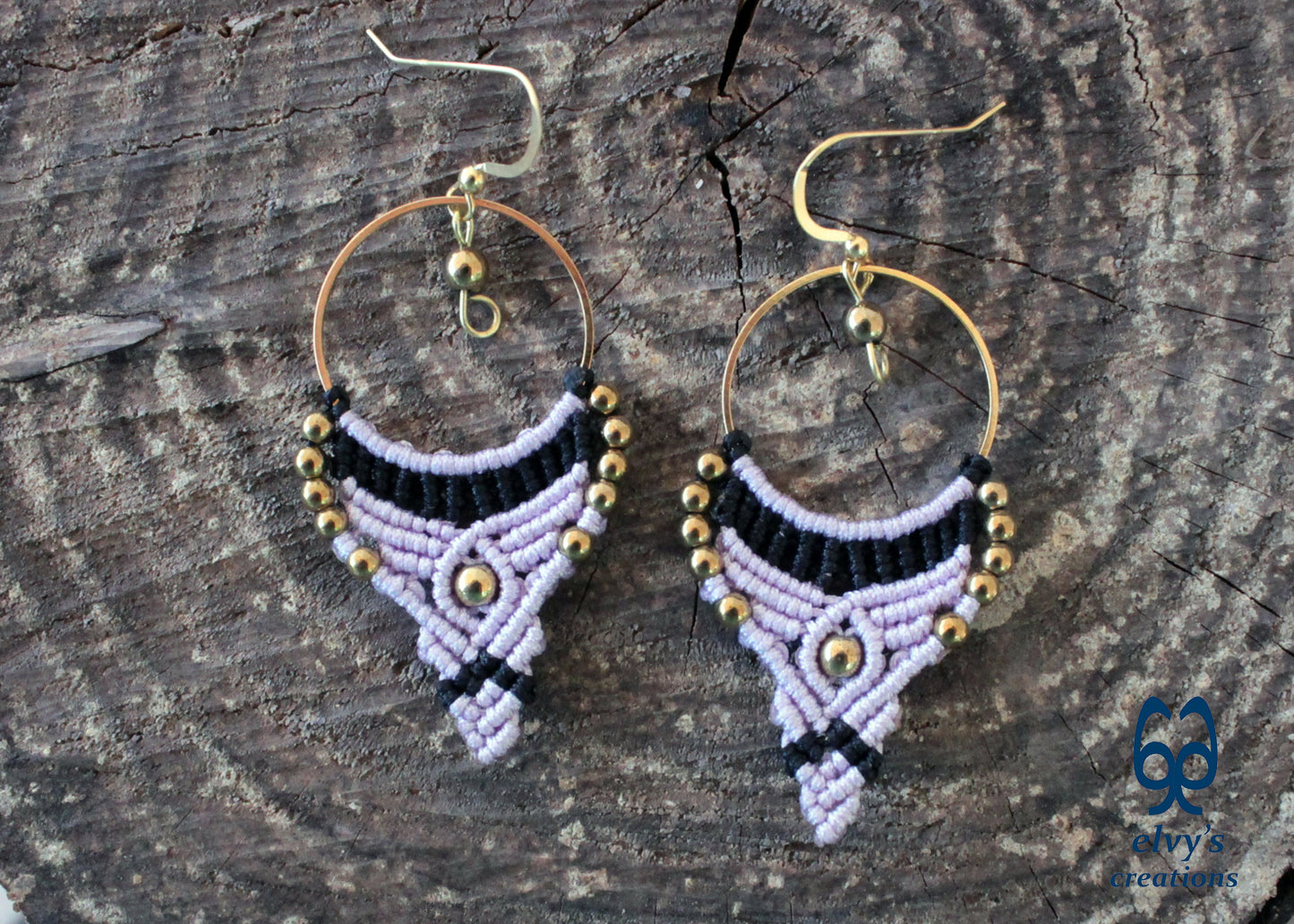 Purple and Black Macrame Earrings Gold Hematite Gemstones Hoop Earrings