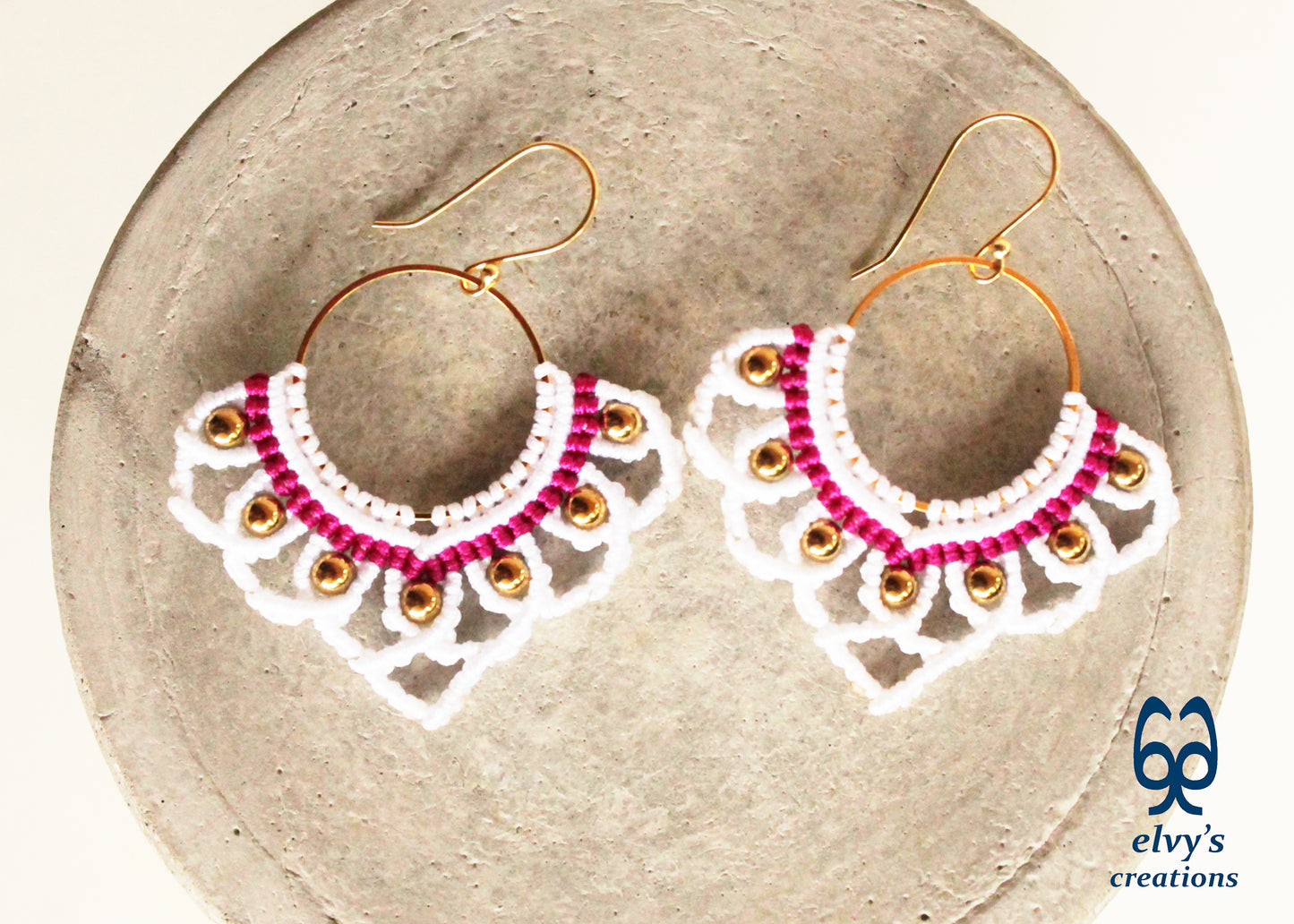 White Macrame Earrings with Hematite Gemstones Lotus Gold Hoop Earrings