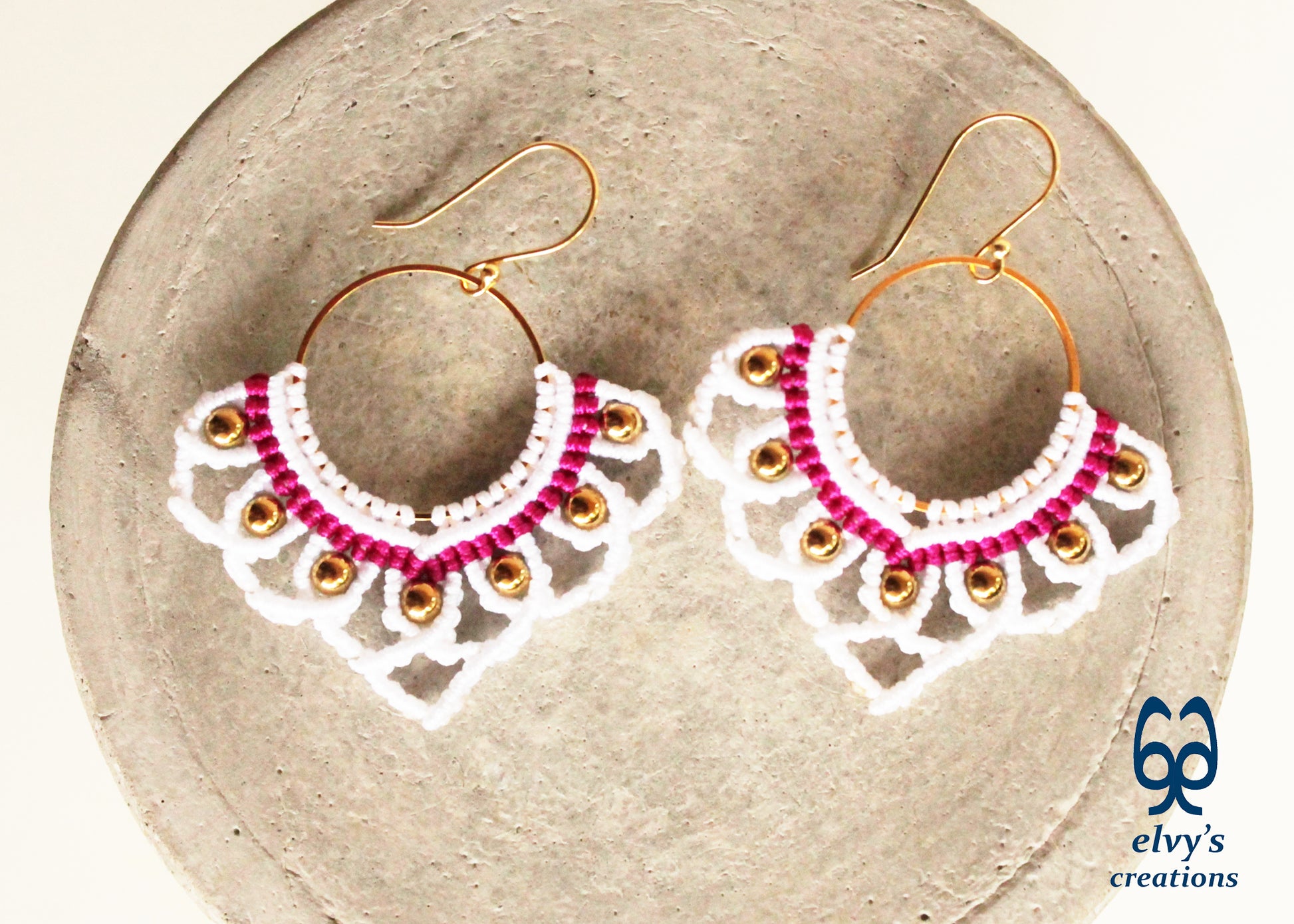 White Macrame Earrings with Hematite Gemstones Lotus Gold Hoop Earrings