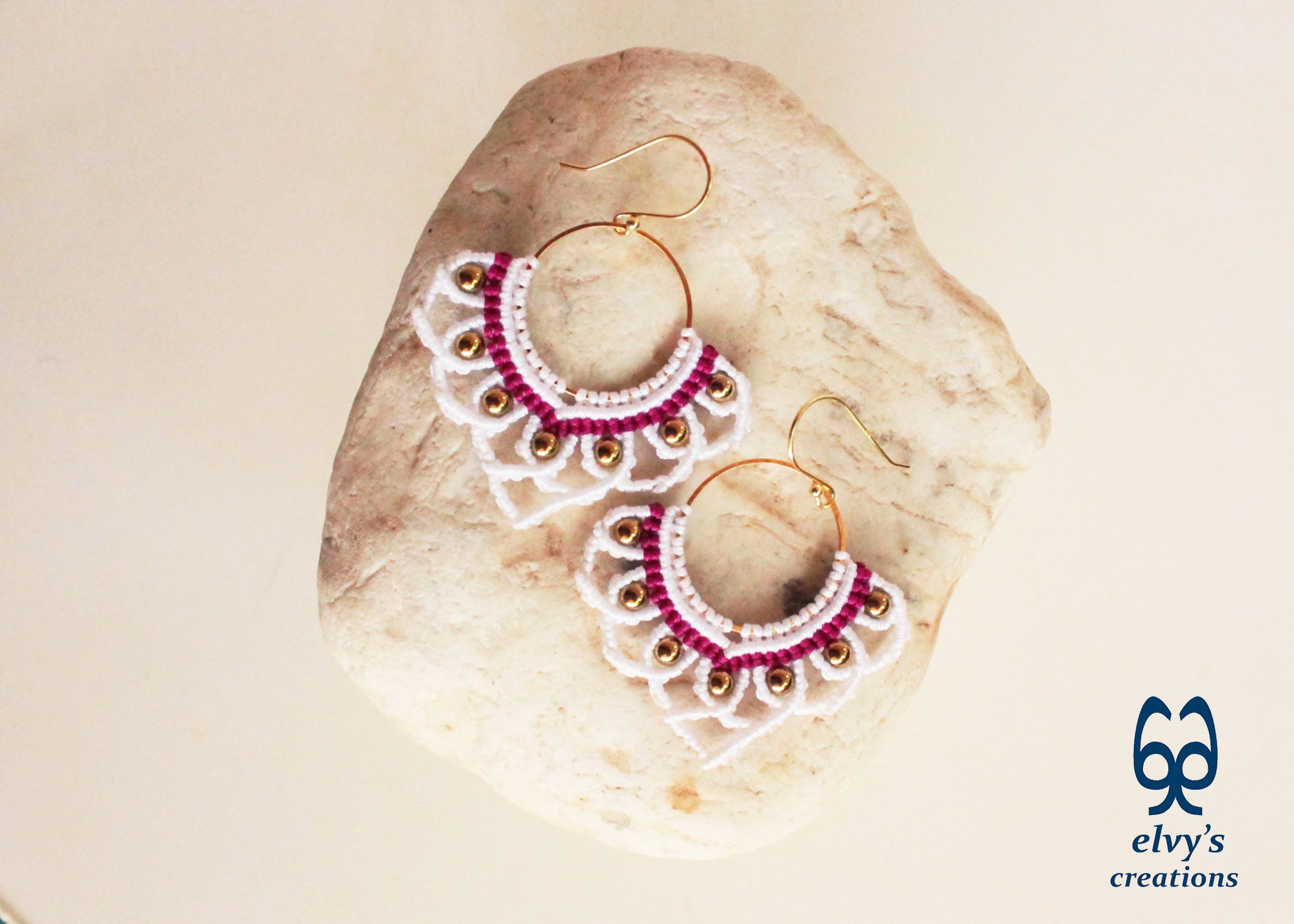 White Macrame Earrings with Hematite Gemstones Lotus Gold Hoop Earrings