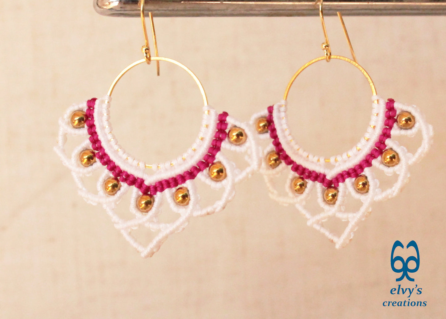 White Macrame Earrings with Hematite Gemstones Lotus Gold Hoop Earrings
