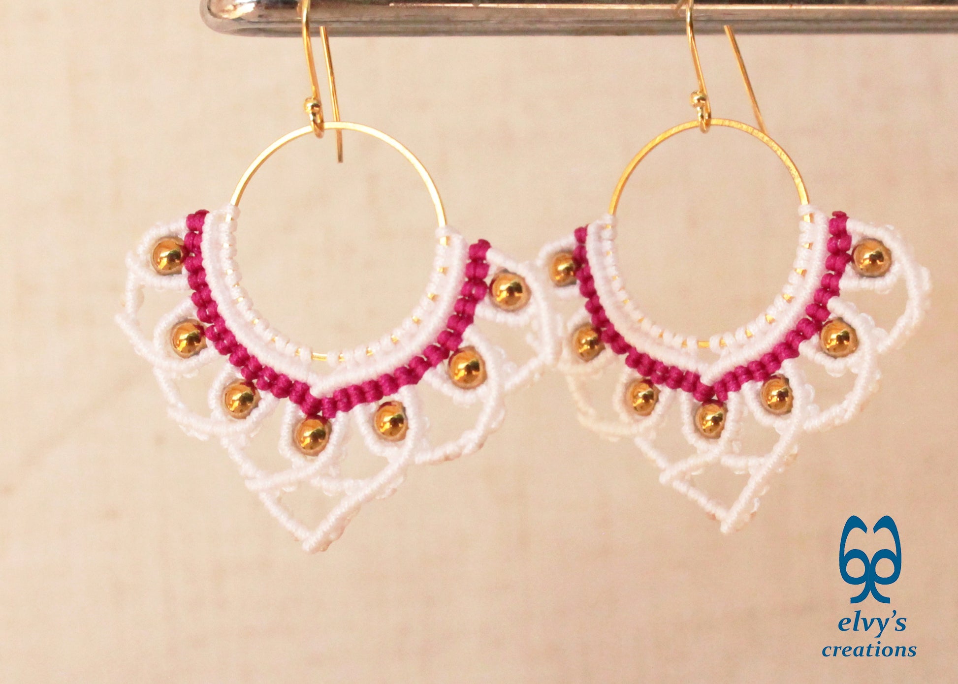 White Macrame Earrings with Hematite Gemstones Lotus Gold Hoop Earrings
