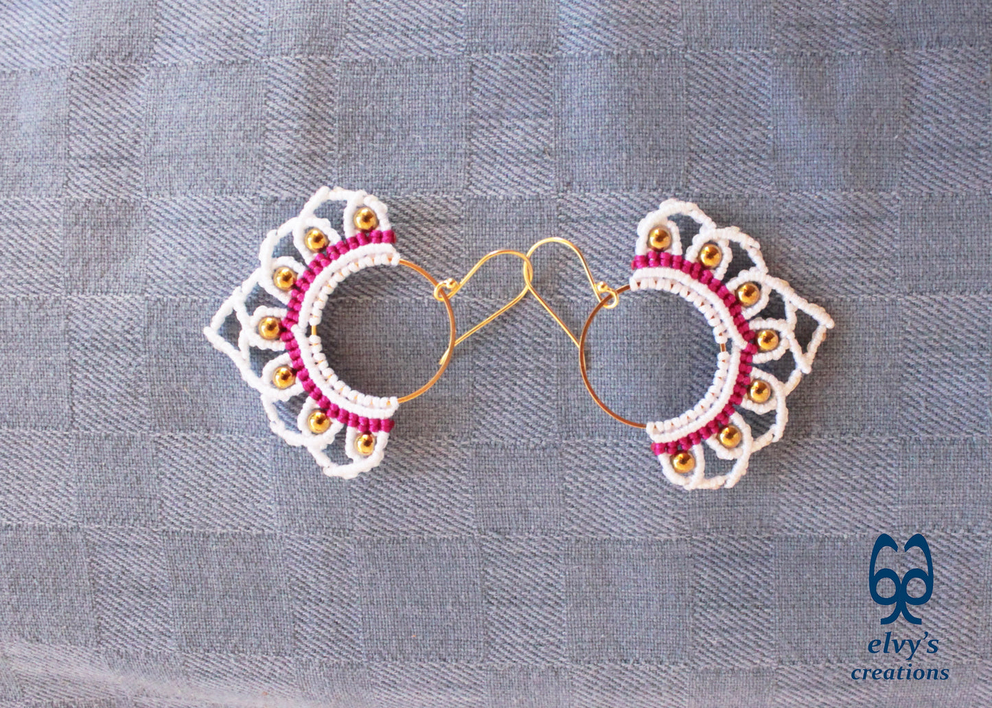 White Macrame Earrings with Hematite Gemstones Lotus Gold Hoop Earrings