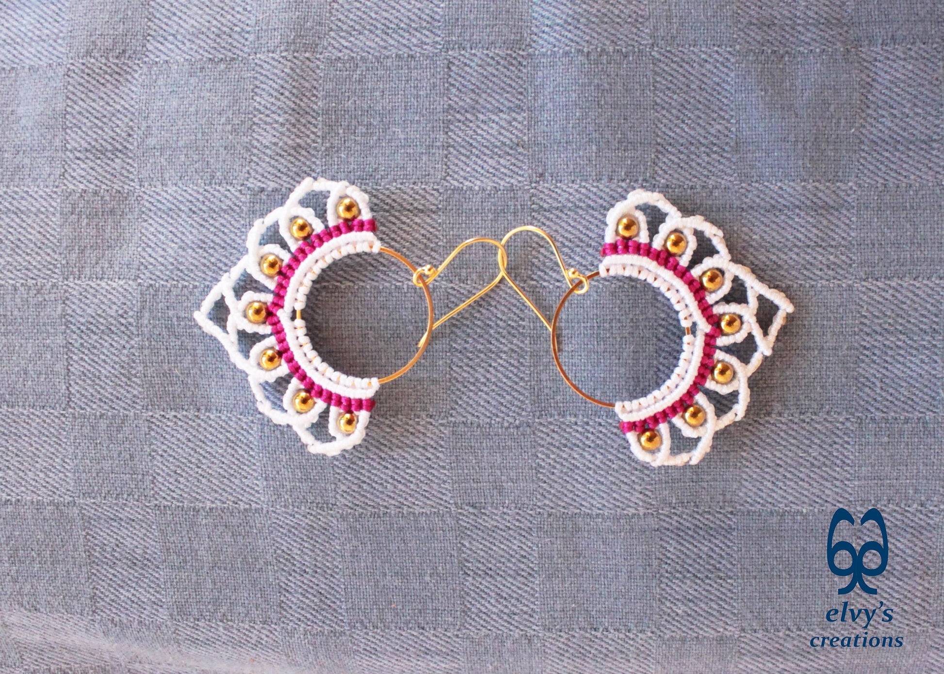 White Macrame Earrings with Hematite Gemstones Lotus Gold Hoop Earrings