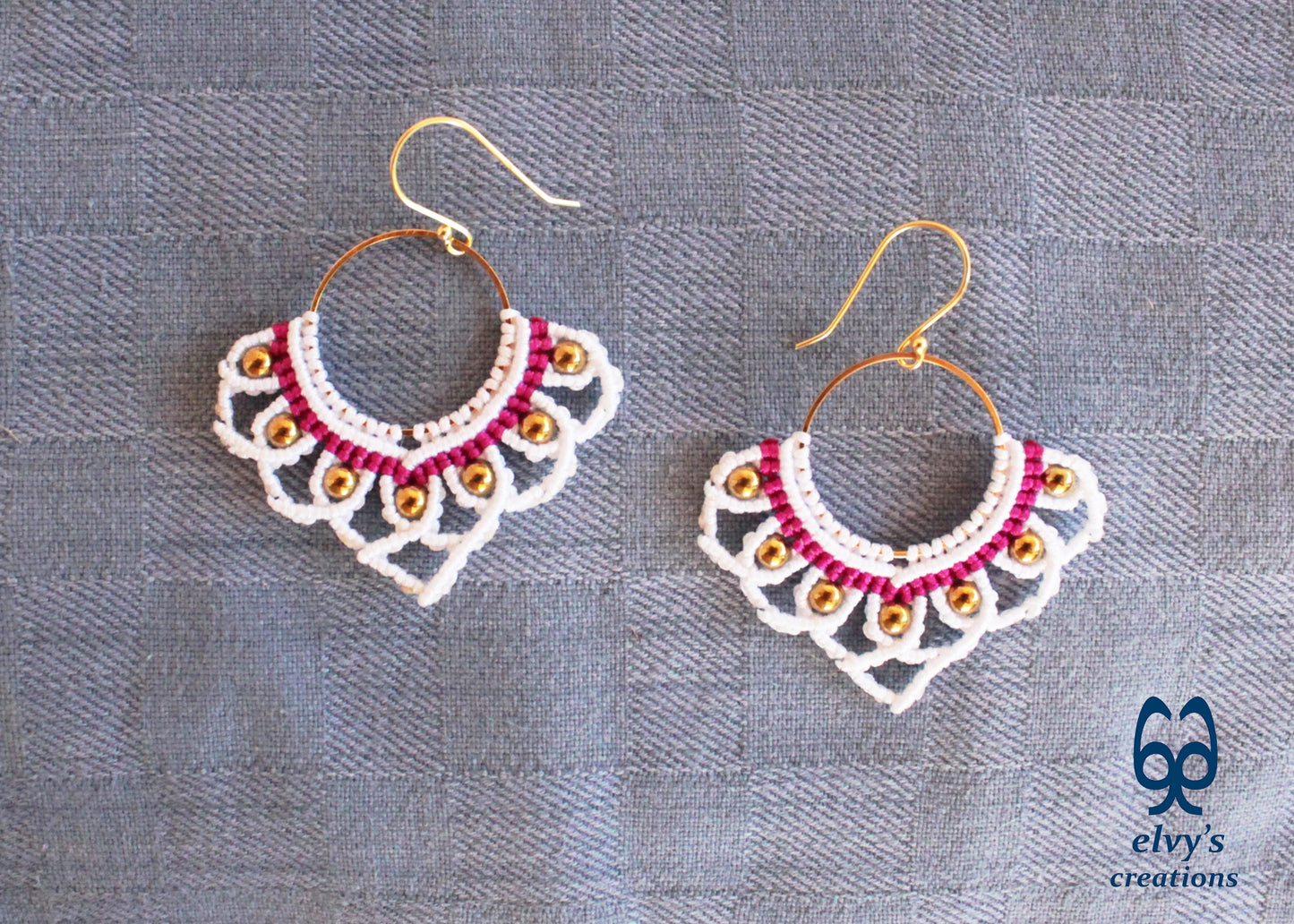 White Macrame Earrings with Hematite Gemstones Lotus Gold Hoop Earrings