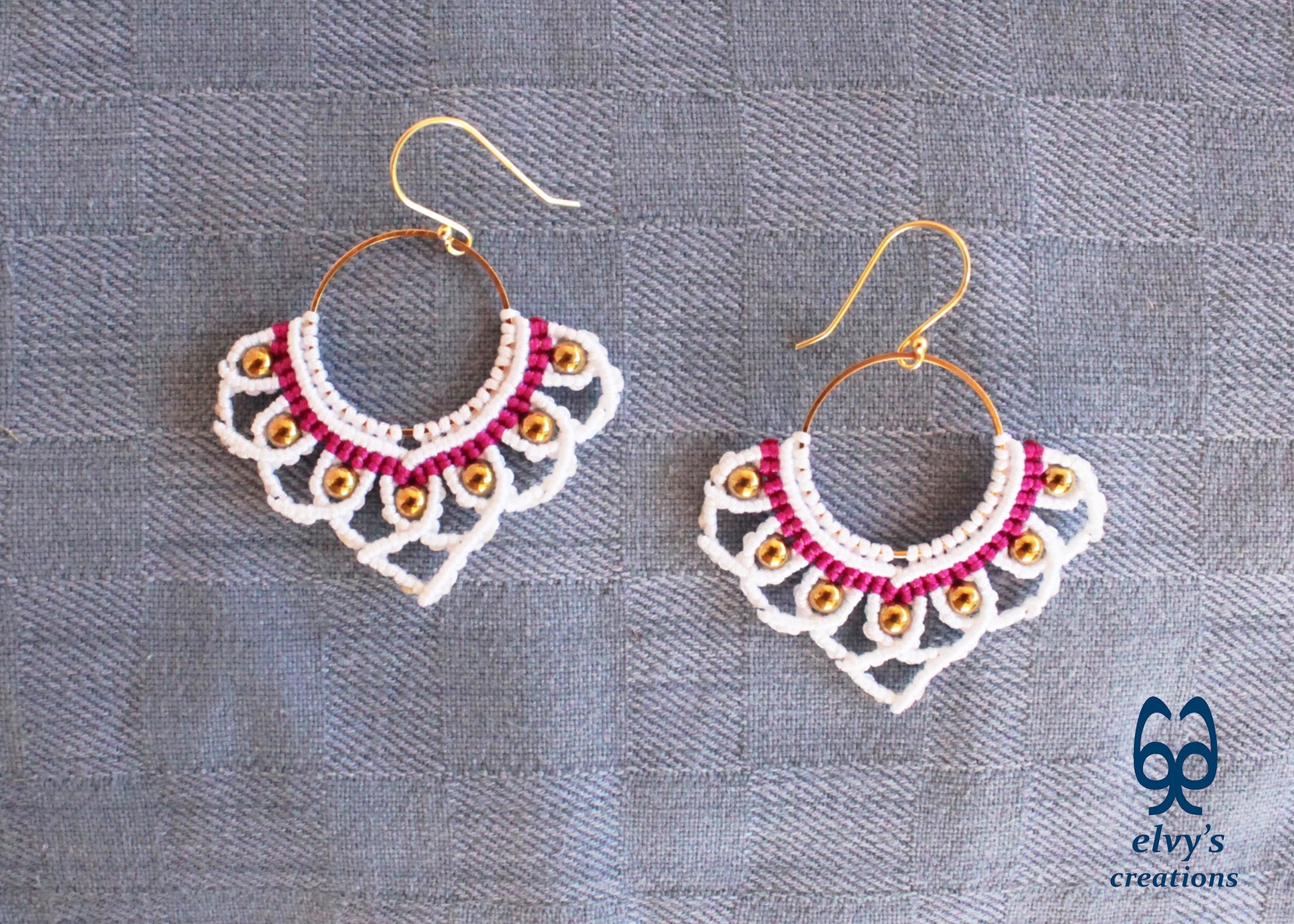 White Macrame Earrings with Hematite Gemstones Lotus Gold Hoop Earrings