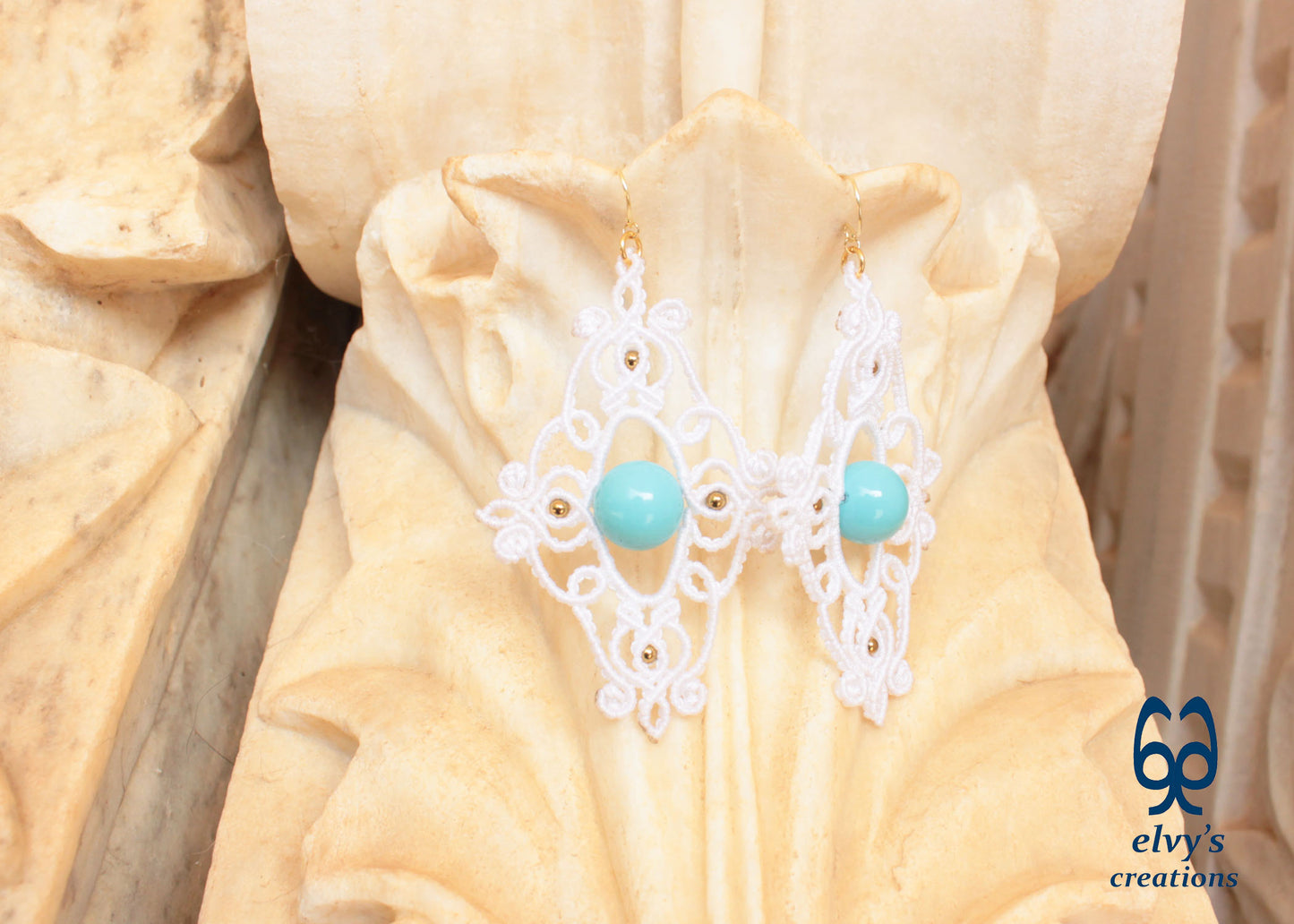 White Macrame Earrings with Turquoise Gemstones Dangle Gold Hematite Earrings