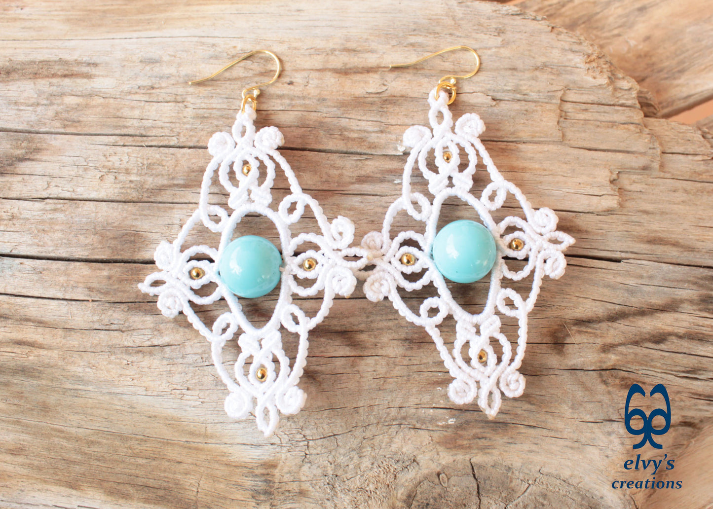 White Macrame Earrings with Turquoise Gemstones Dangle Gold Hematite Earrings