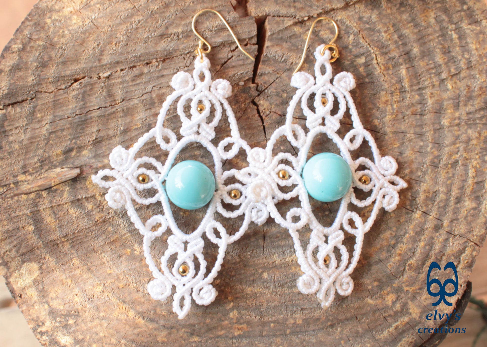 White Macrame Earrings with Turquoise Gemstones Dangle Gold Hematite Earrings