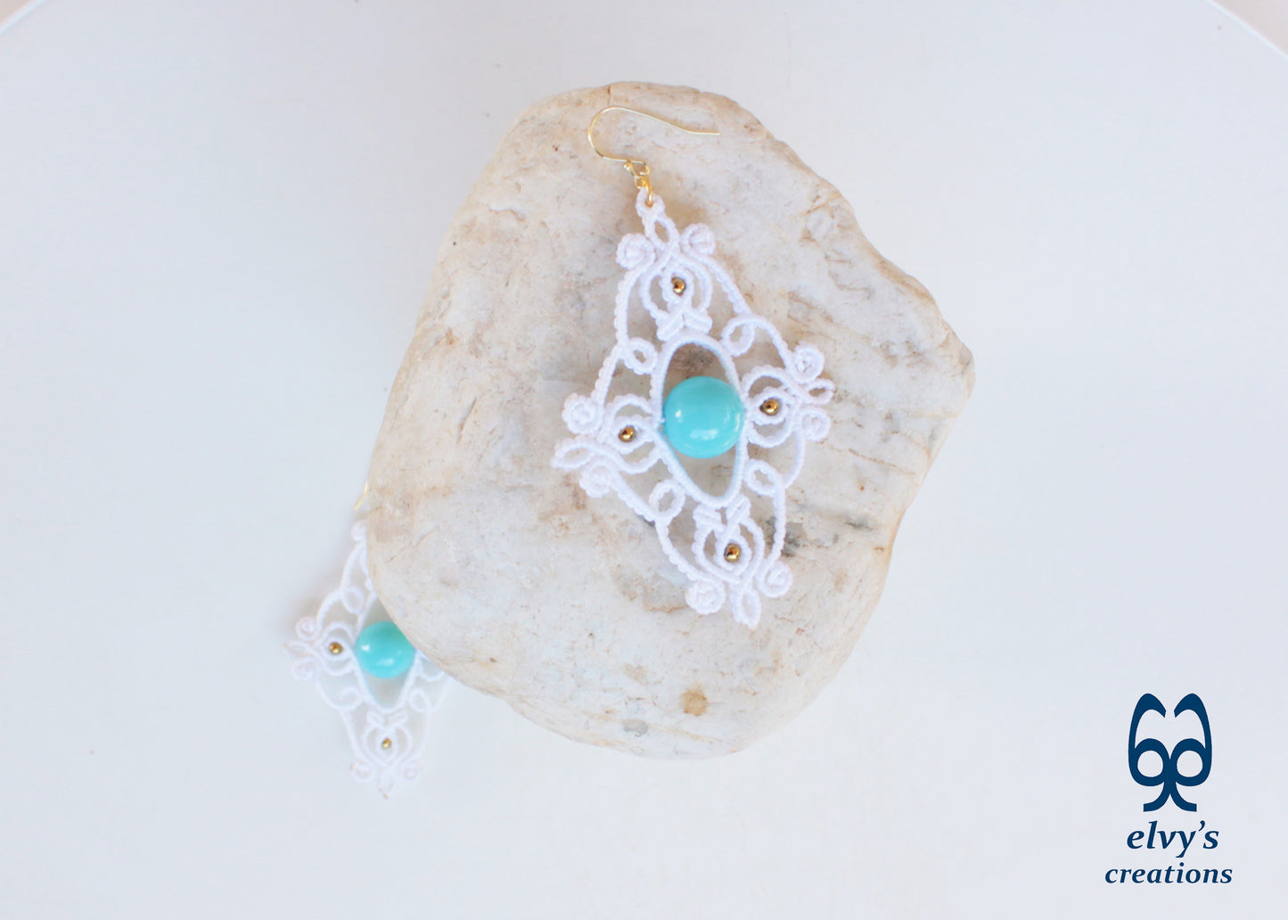 White Macrame Earrings with Turquoise Gemstones Dangle Gold Hematite Earrings