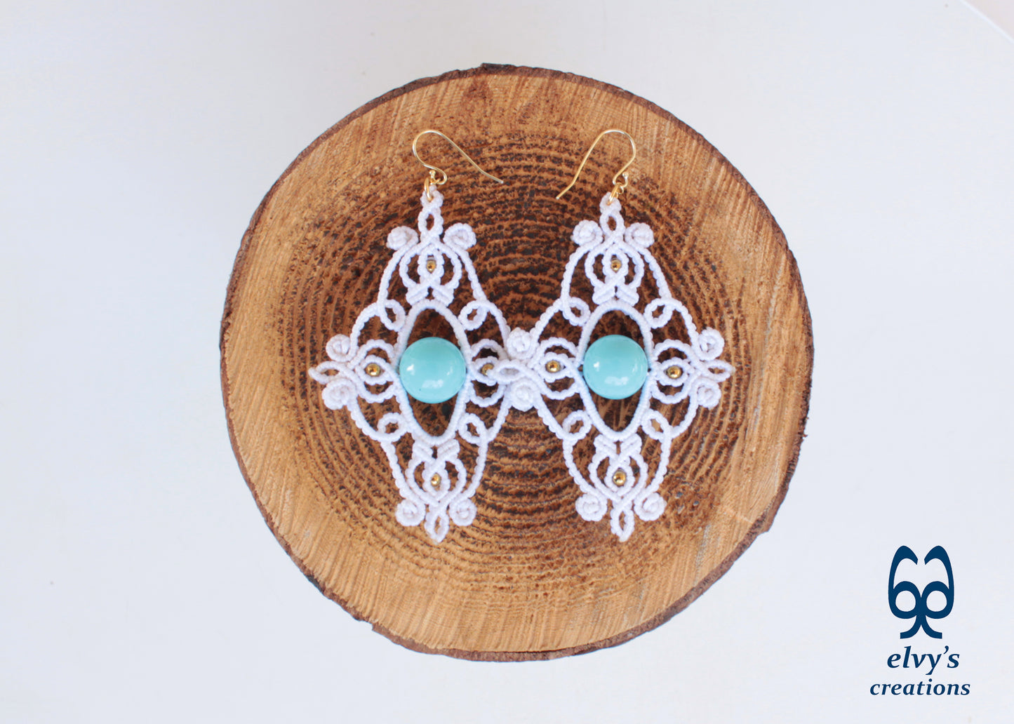 White Macrame Earrings with Turquoise Gemstones Dangle Gold Hematite Earrings