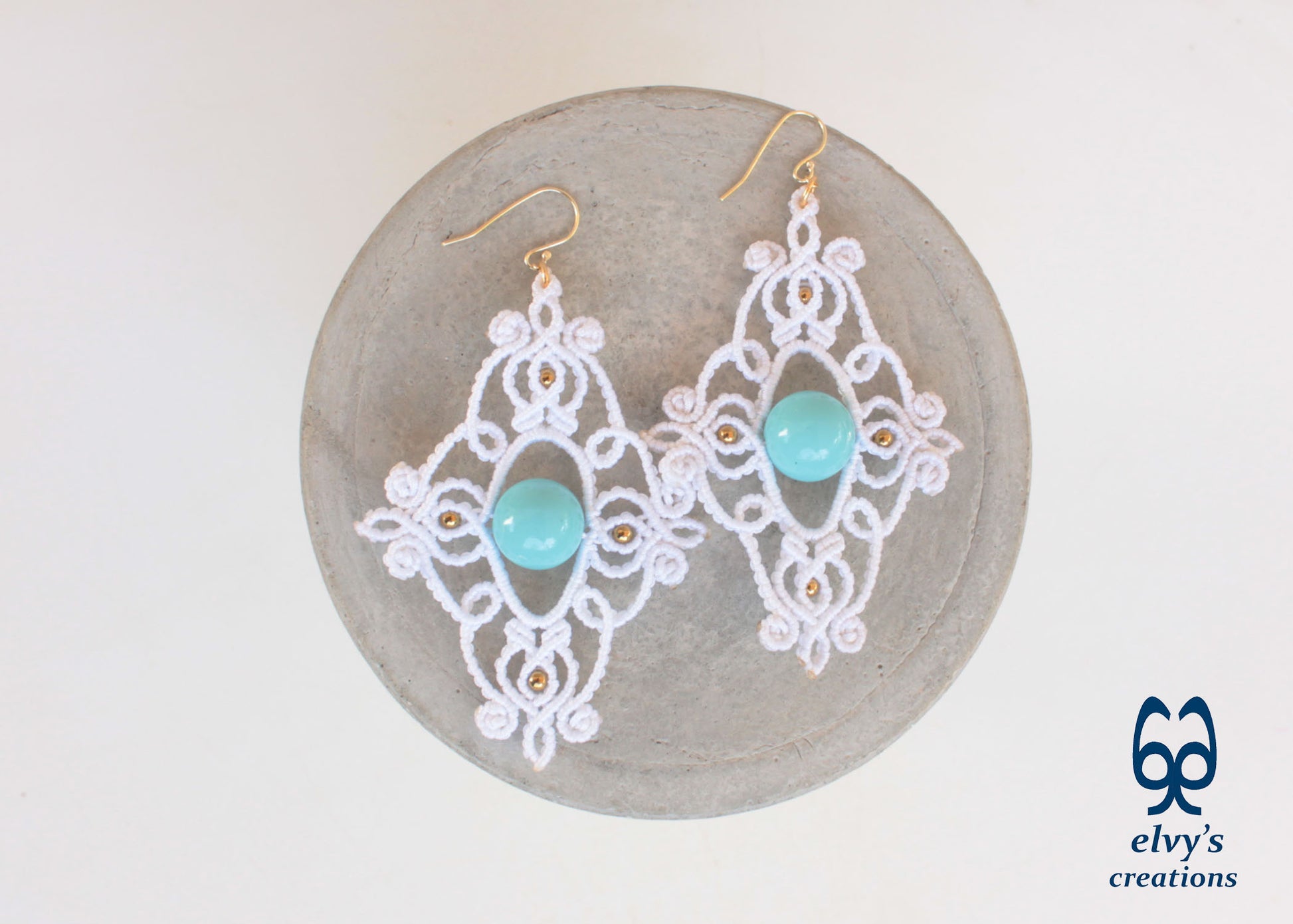 White Macrame Earrings with Turquoise Gemstones Dangle Gold Hematite Earrings