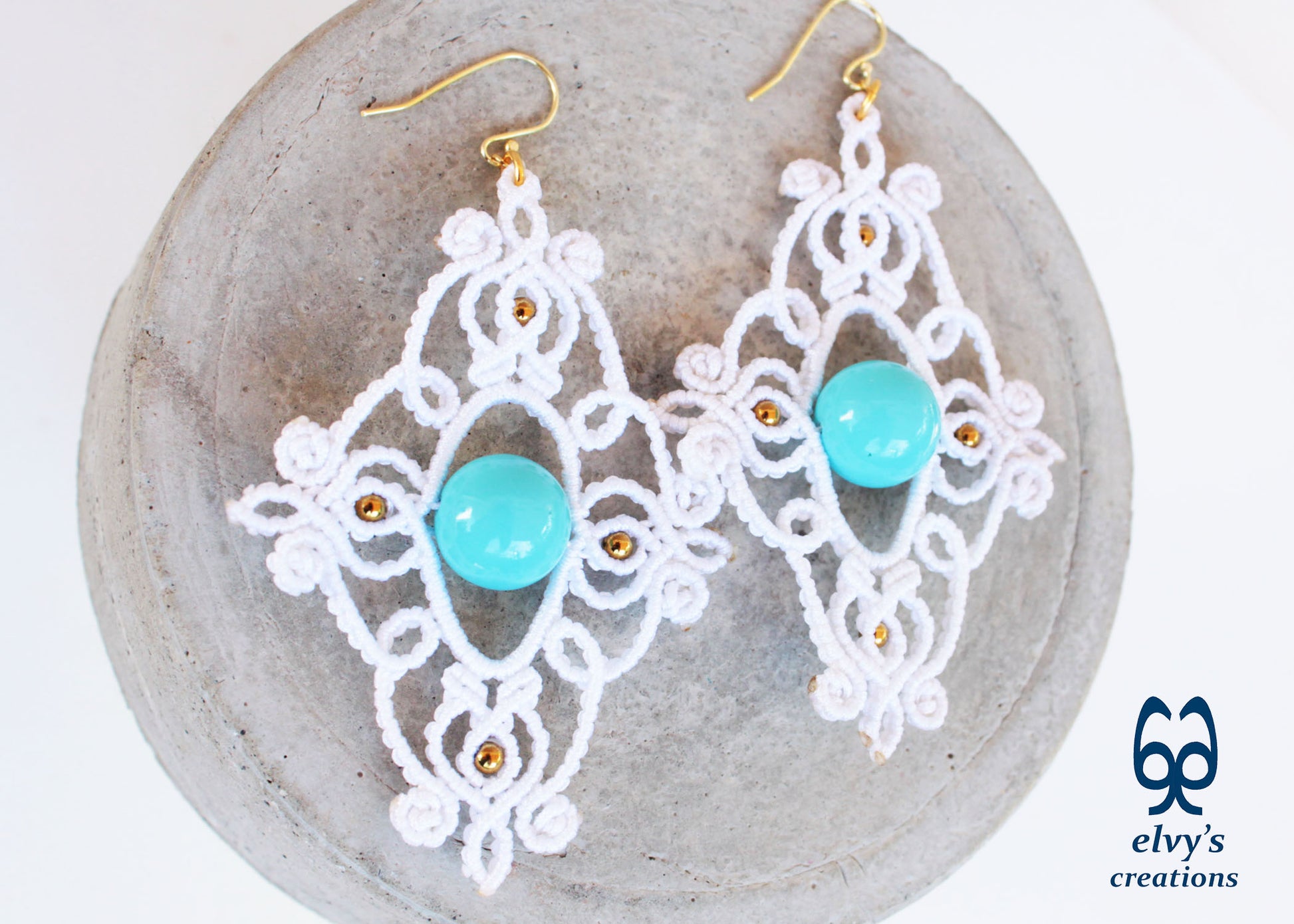 White Macrame Earrings with Turquoise Gemstones Dangle Gold Hematite Earrings