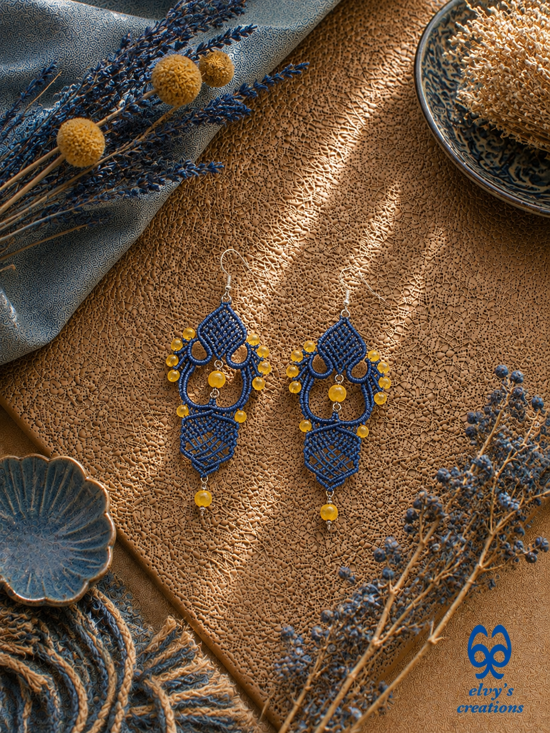 Handmade Blue Macrame Earrings with Agate Gemstones Macrame Jewelry