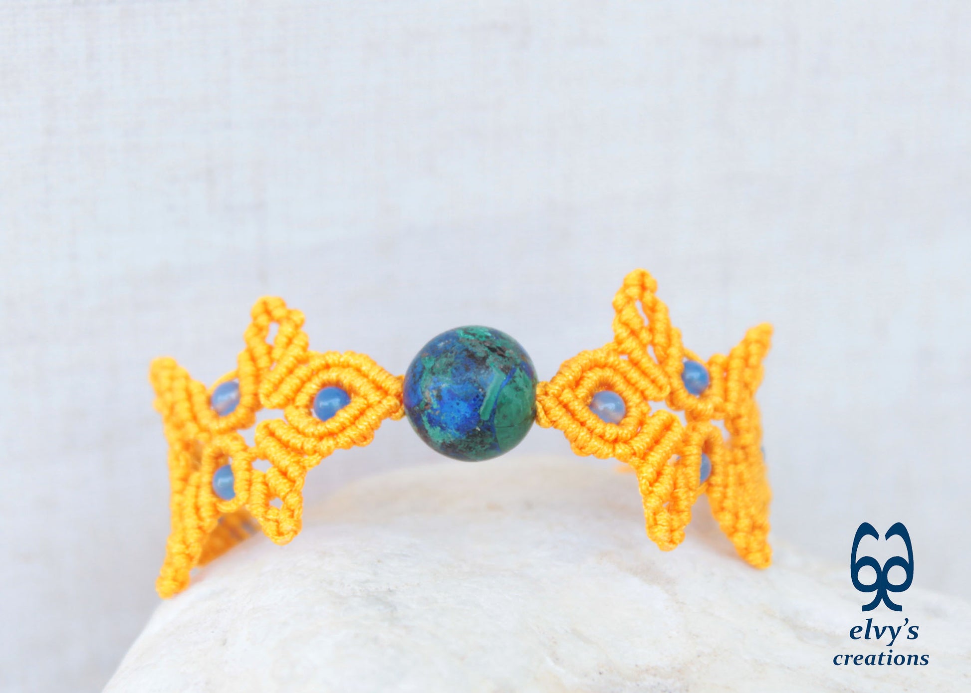 Handmade Yellow Macrame Bracelet with Azurite Adjustable Boho Cuff 