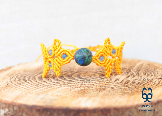 Handmade Yellow Macrame Bracelet with Azurite Adjustable Boho Cuff 