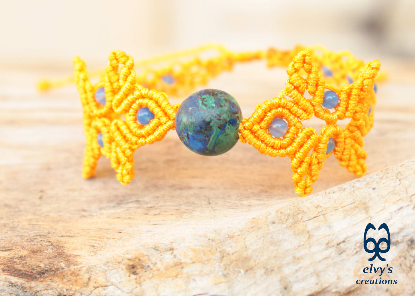 Handmade Yellow Macrame Bracelet with Azurite Adjustable Boho Cuff 