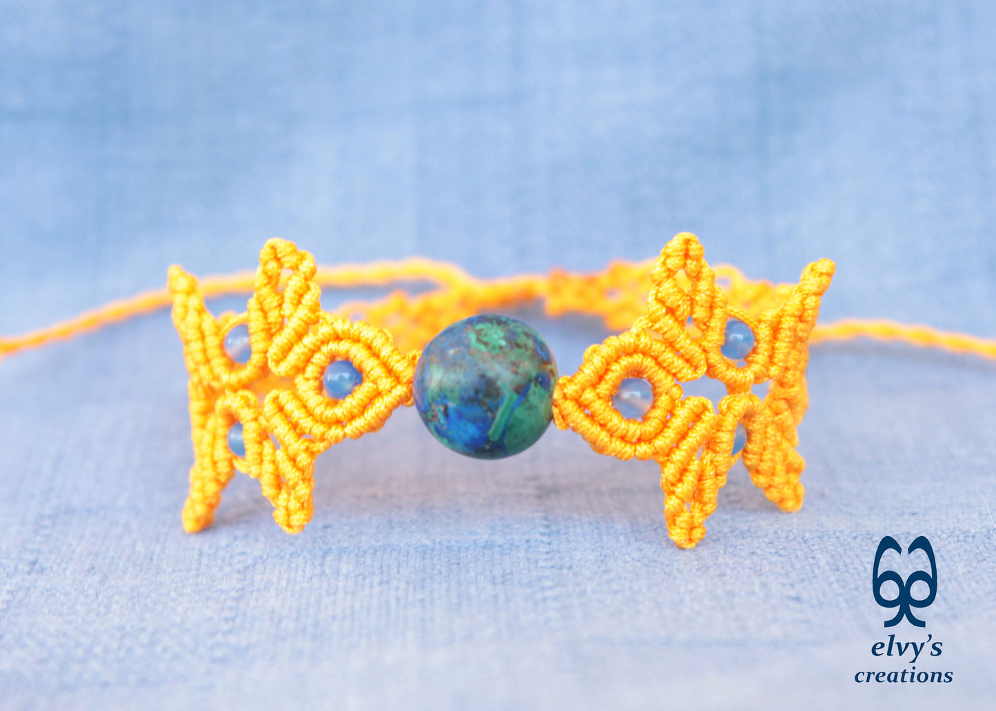 Handmade Yellow Macrame Bracelet with Azurite Adjustable Boho Cuff 