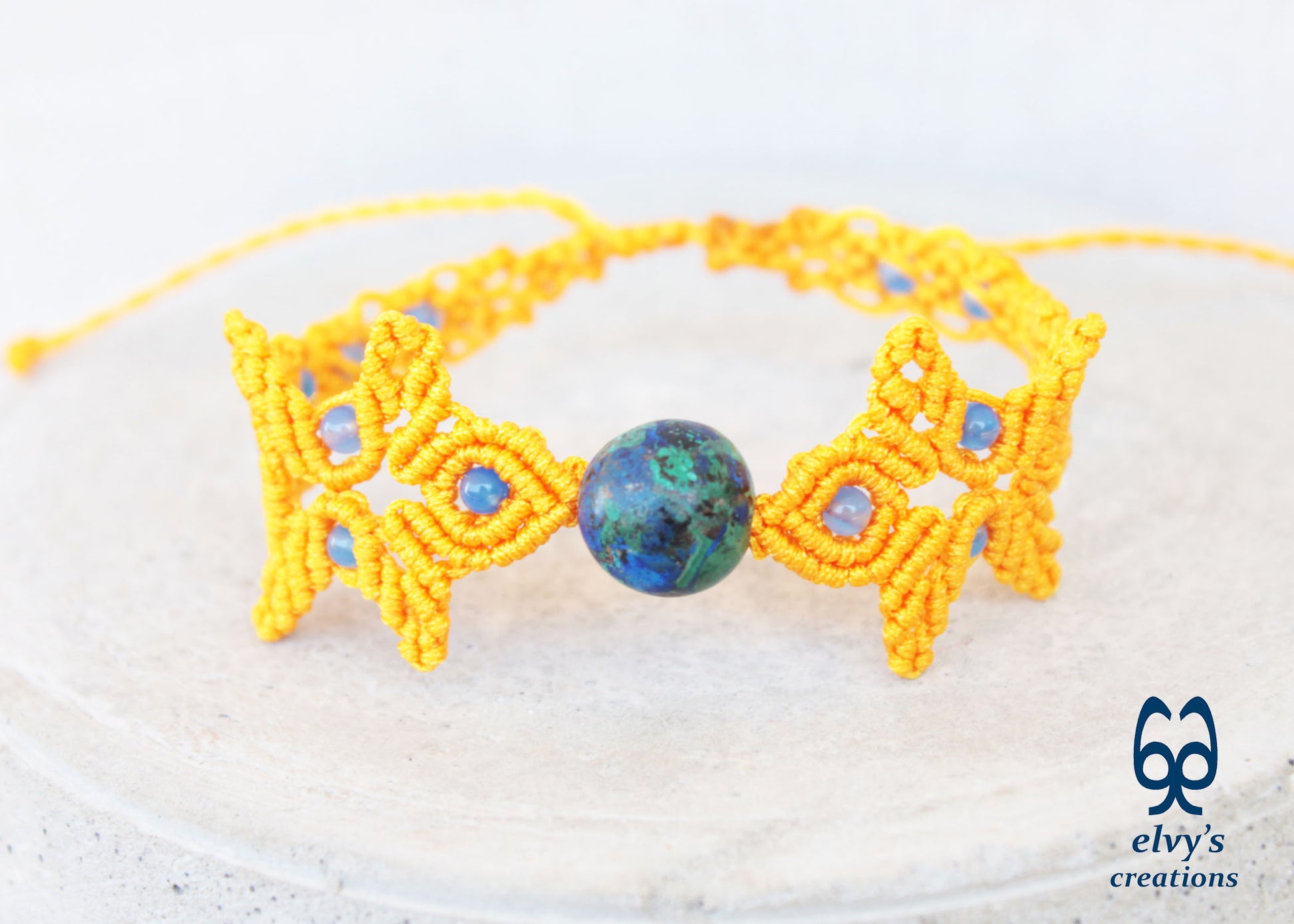 Handmade Yellow Macrame Bracelet with Azurite Adjustable Boho Cuff 