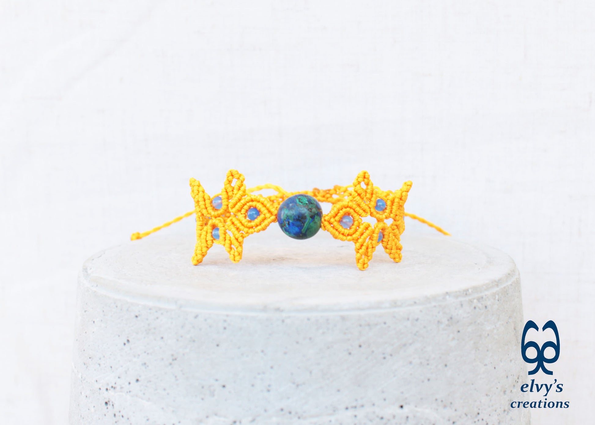 Handmade Yellow Macrame Bracelet with Azurite Adjustable Boho Cuff 