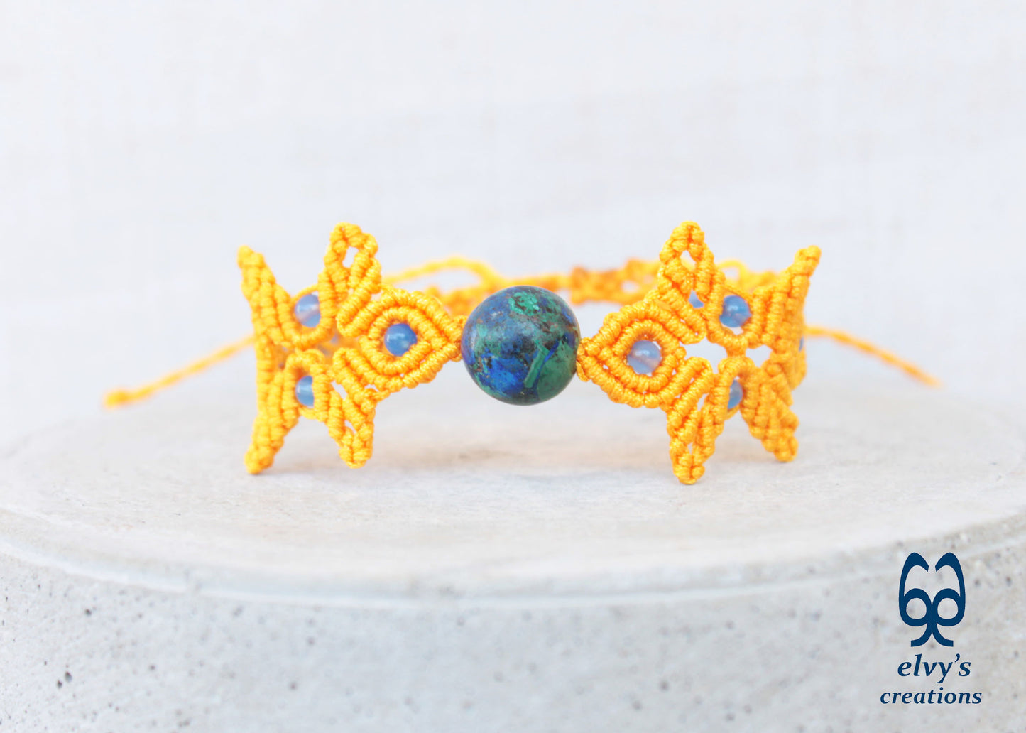 Handmade Yellow Macrame Bracelet with Azurite Adjustable Boho Cuff 