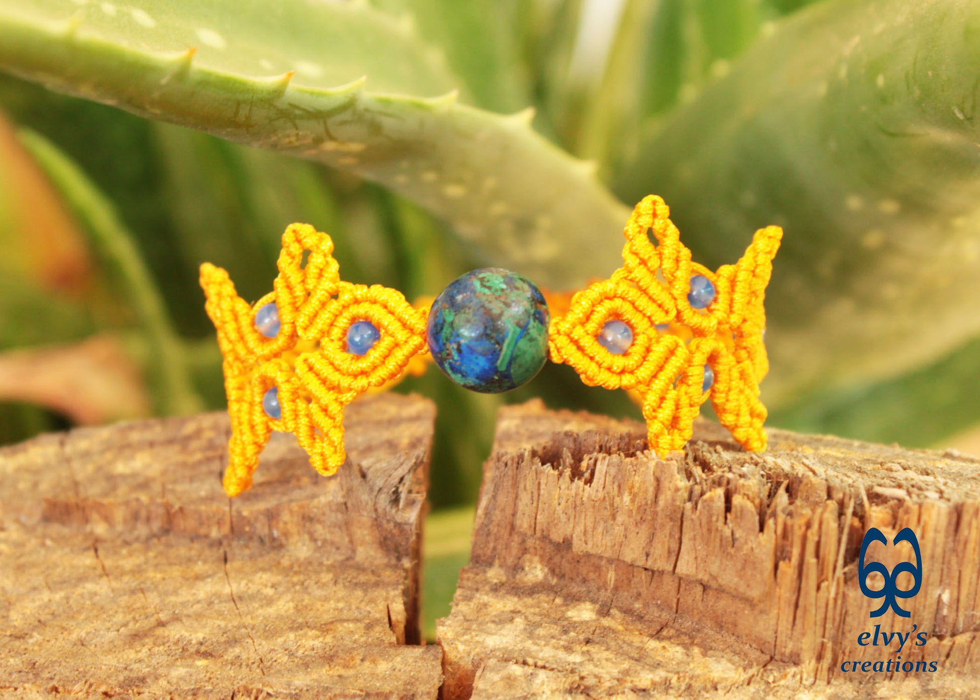 Handmade Yellow Macrame Bracelet with Azurite Adjustable Boho Cuff 