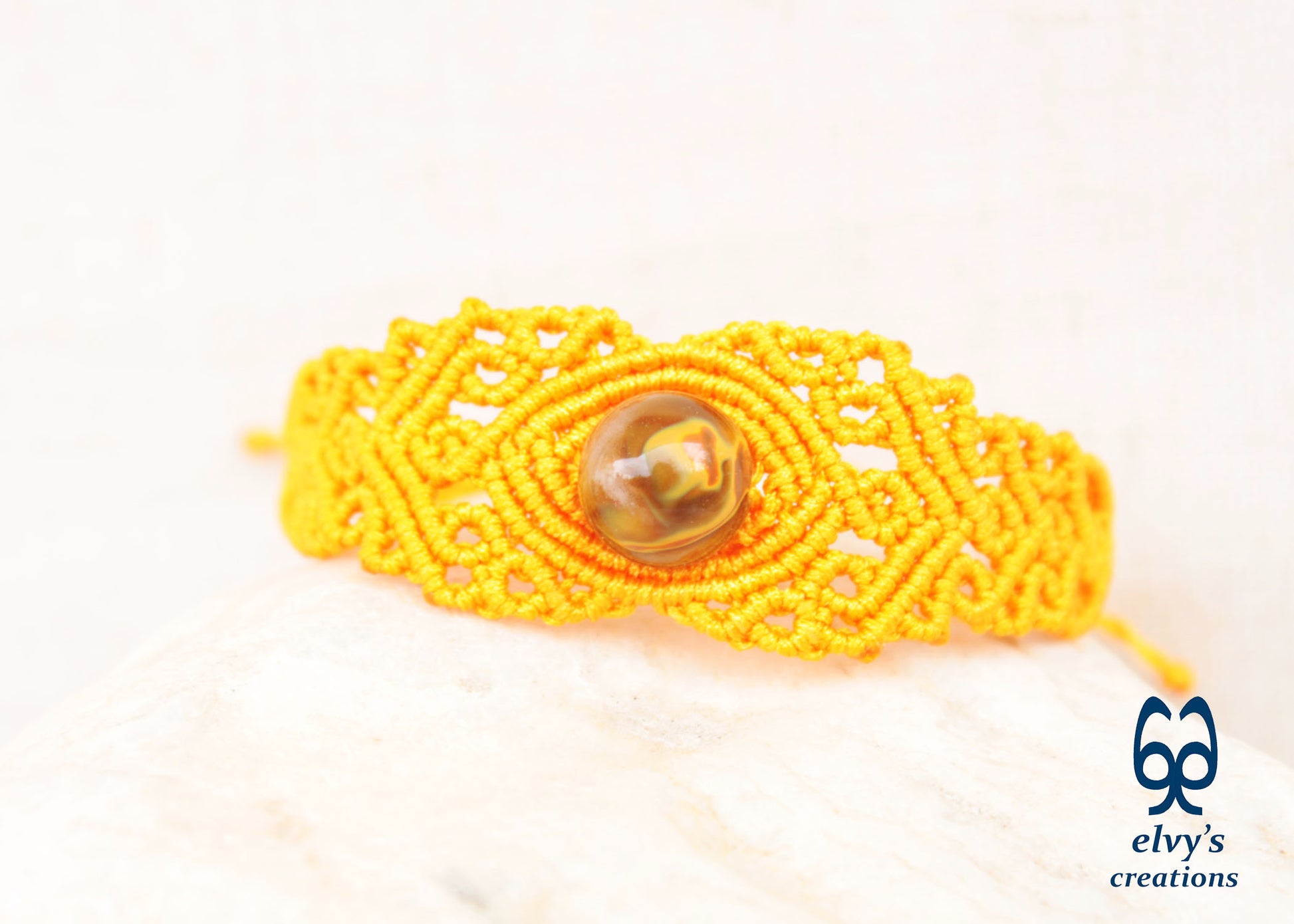 Yellow Macrame Bracelet with Crystal Quartz Gemstone, Handmade Unique Birthday Gift for Women