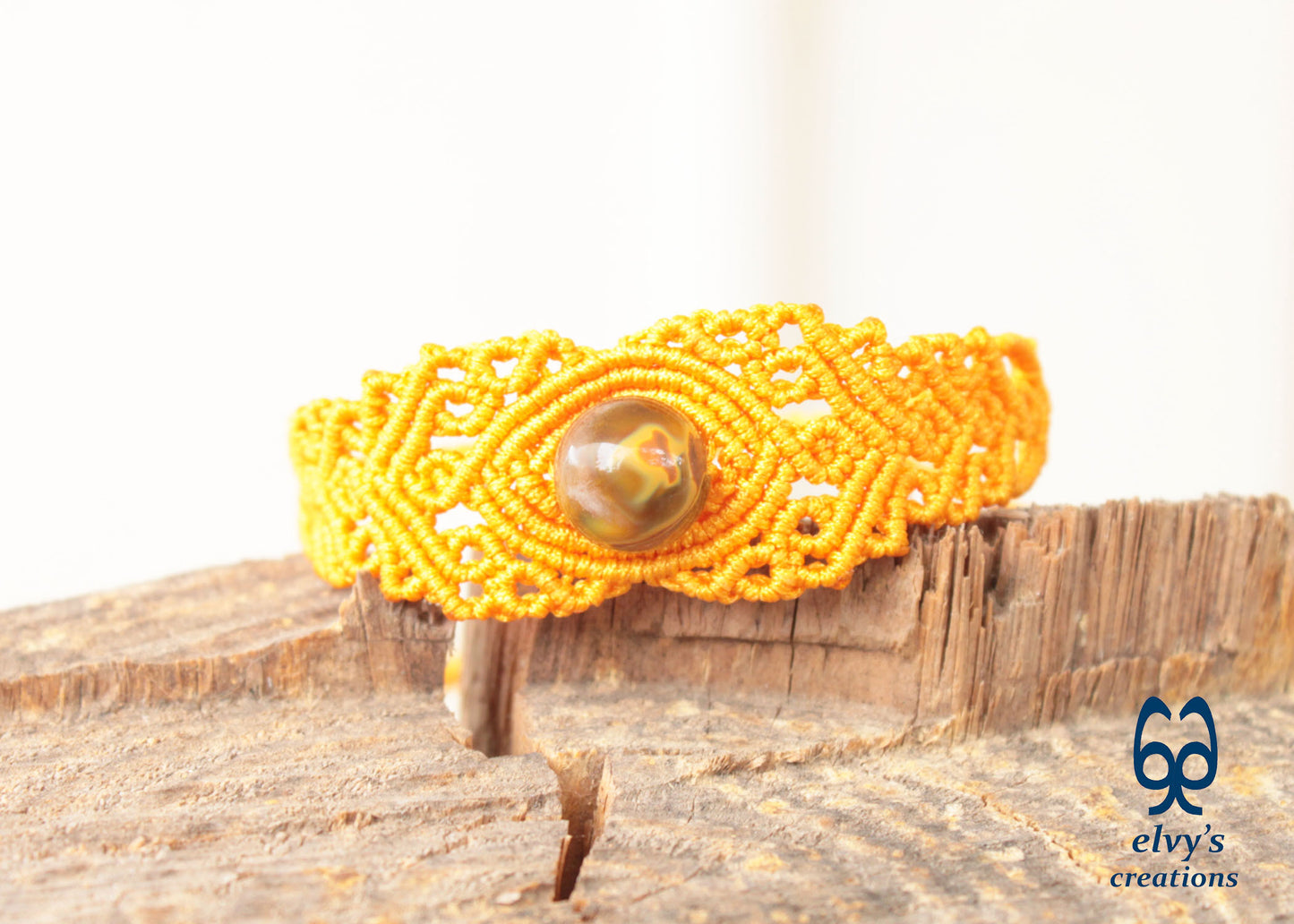 Yellow Macrame Bracelet with Crystal Quartz Gemstone, Handmade Unique Birthday Gift for Women